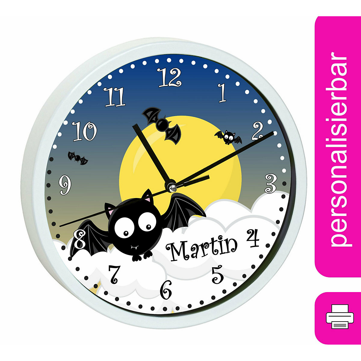 Kinder Wanduhr personalisiert mit Name Fledermaus
