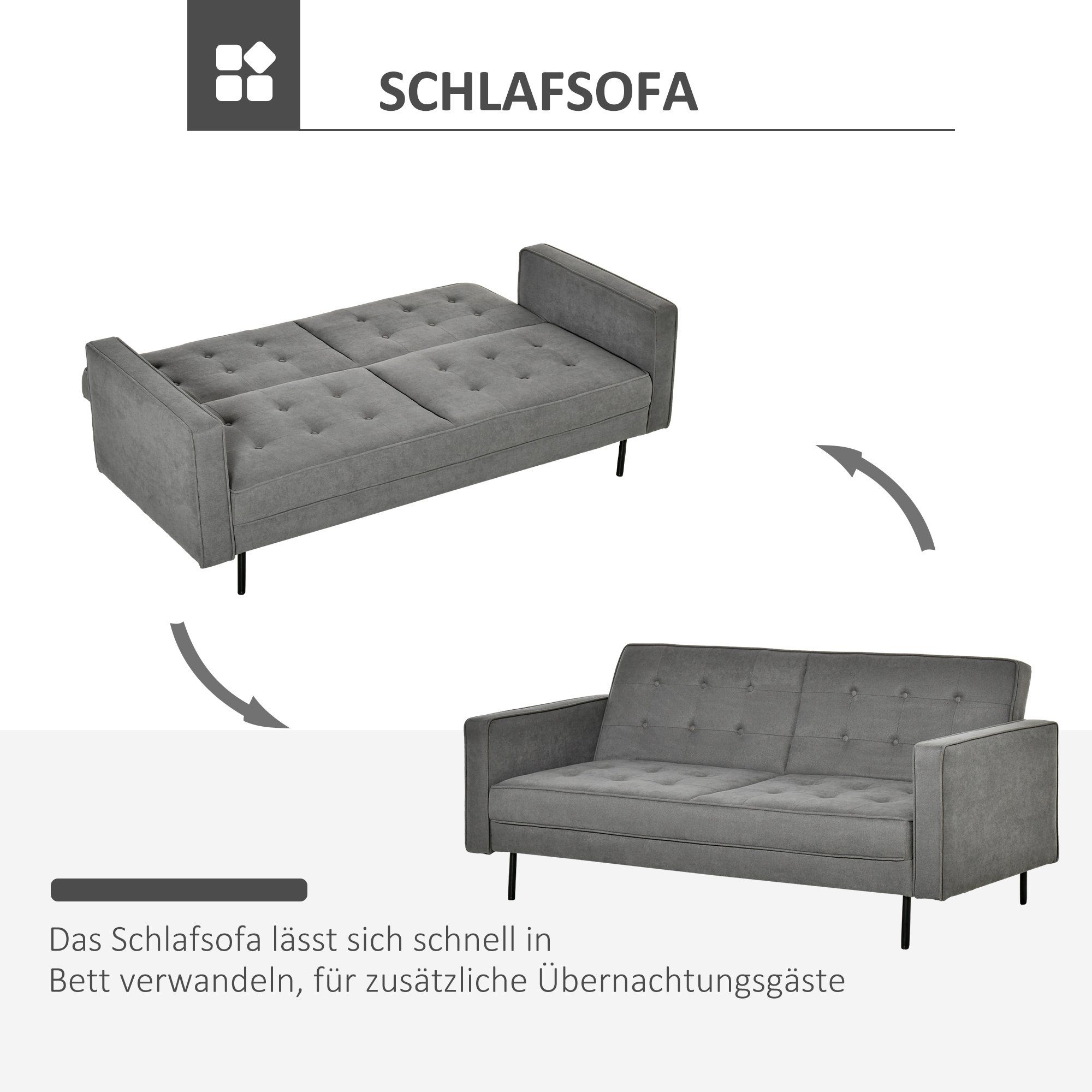HOMCOM Schlafsofa Schlafsofa, Set 1 Teile, Schlafsofa 3-Sitzer verstellbarer Bettsofa Grau