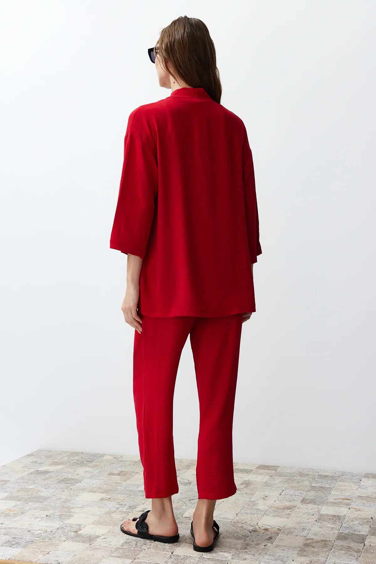 Trendyol Collection  Rotes gewebtes Kimono-Hosen-Bottom-Top-Set TWOSS24AU00037
