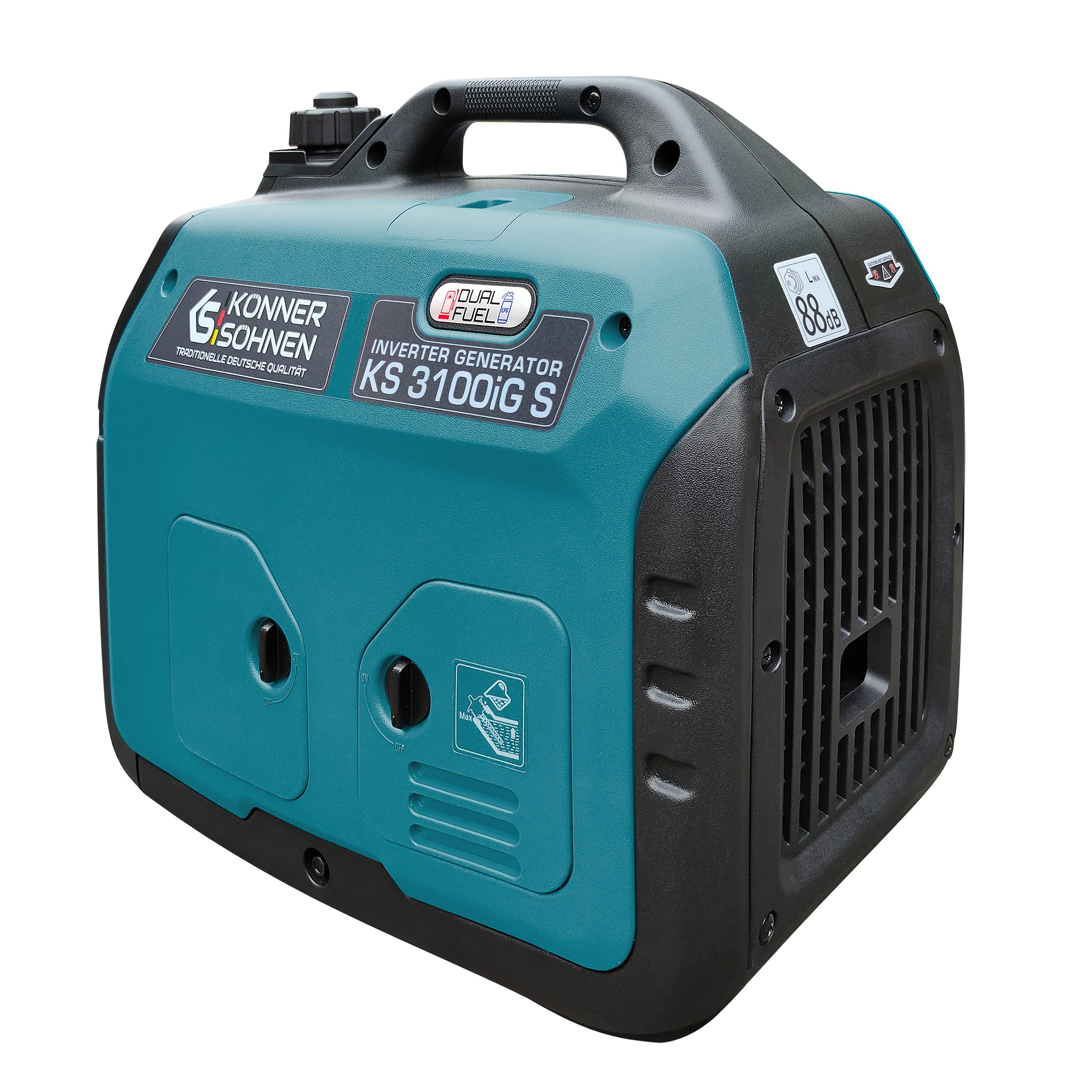 Könner & Söhnen Stromerzeuger KS 3100iG S, 3,10 in kW, (Schallgedämmtes Gehäuse (63 dB Lpa 7 m), 1-tlg., Schuko-Steckdose 230 V, 2 USB-Anschlüsse, LED-Anzeige), Kupferwicklungen, Kurzschluss- und Überlastschutz, Abgasnorm EURO V