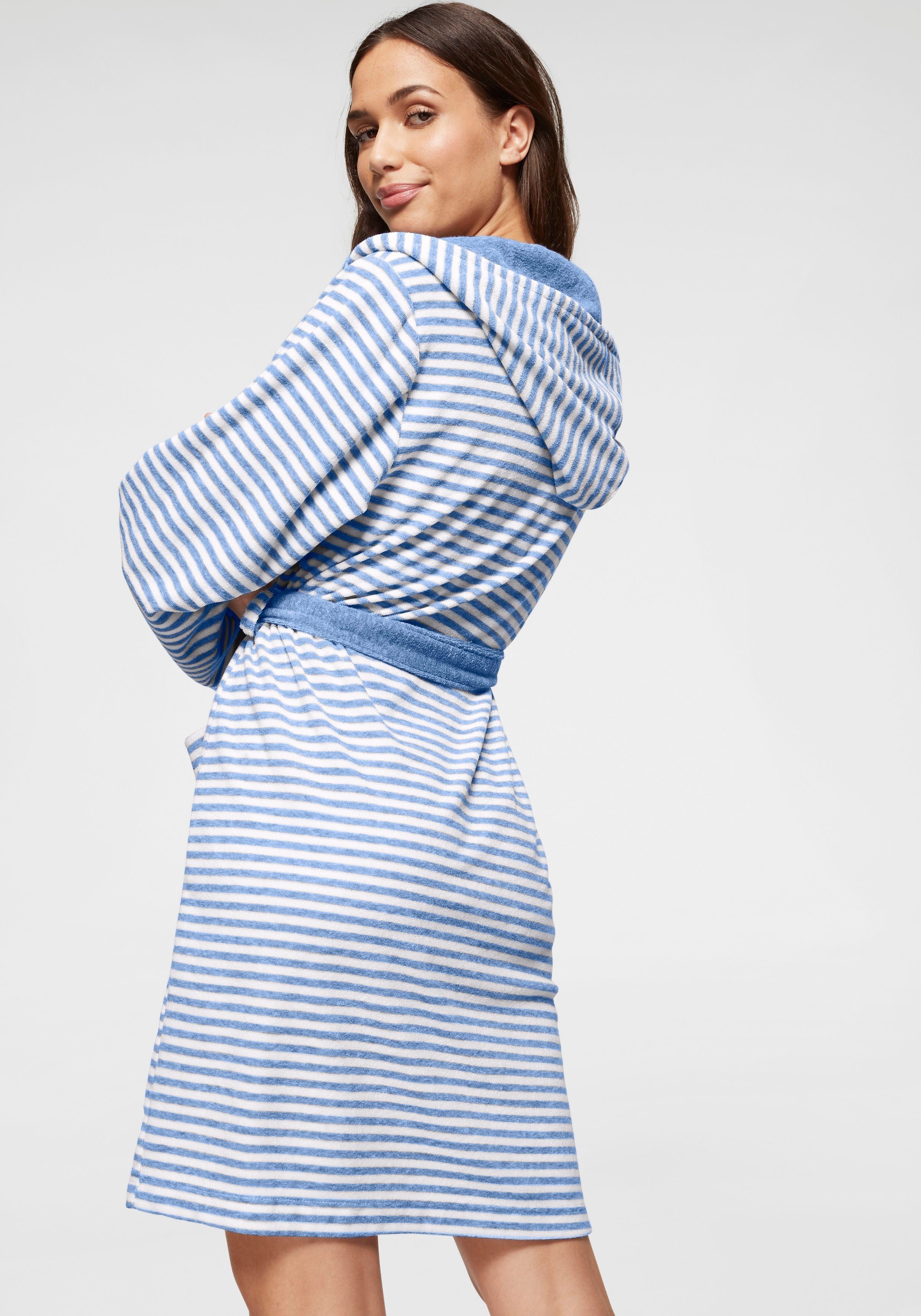 KangaROOS Damenbademantel Luana, Kurzform, Leichtfrottee, Kapuze, Gürtel, Streifen - Bademantel für Damen, gestreift, XS-2XL