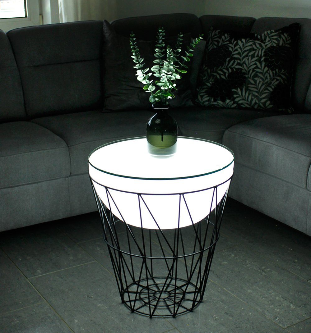 Arnusa Couchtisch LED Beistelltisch beleuchtet rund Korbtisch Metall 50x56 cm, Tisch mit Fernbedienung kabellos nutzbar RGB+W Lounge