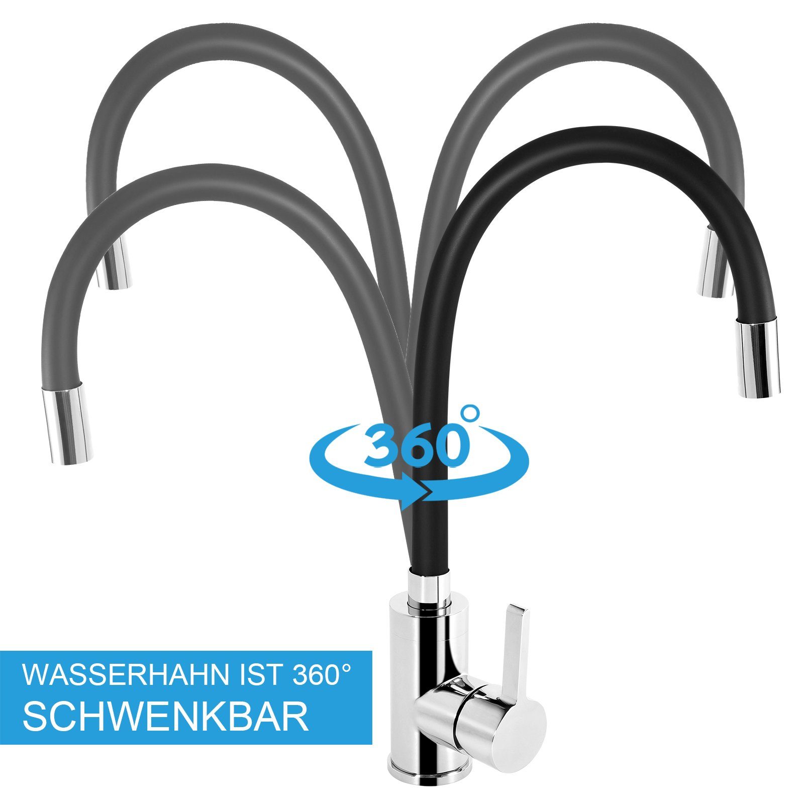 XIIW Waschtischarmatur Messing Küchenarmatur Spültischarmatur, Keramikkartusche,ABS Belüfter (Flexible Wasserhahn Küchen(360° Schwenkbar),Höhe 34,7cm,Schwarz Silikonschlauch)