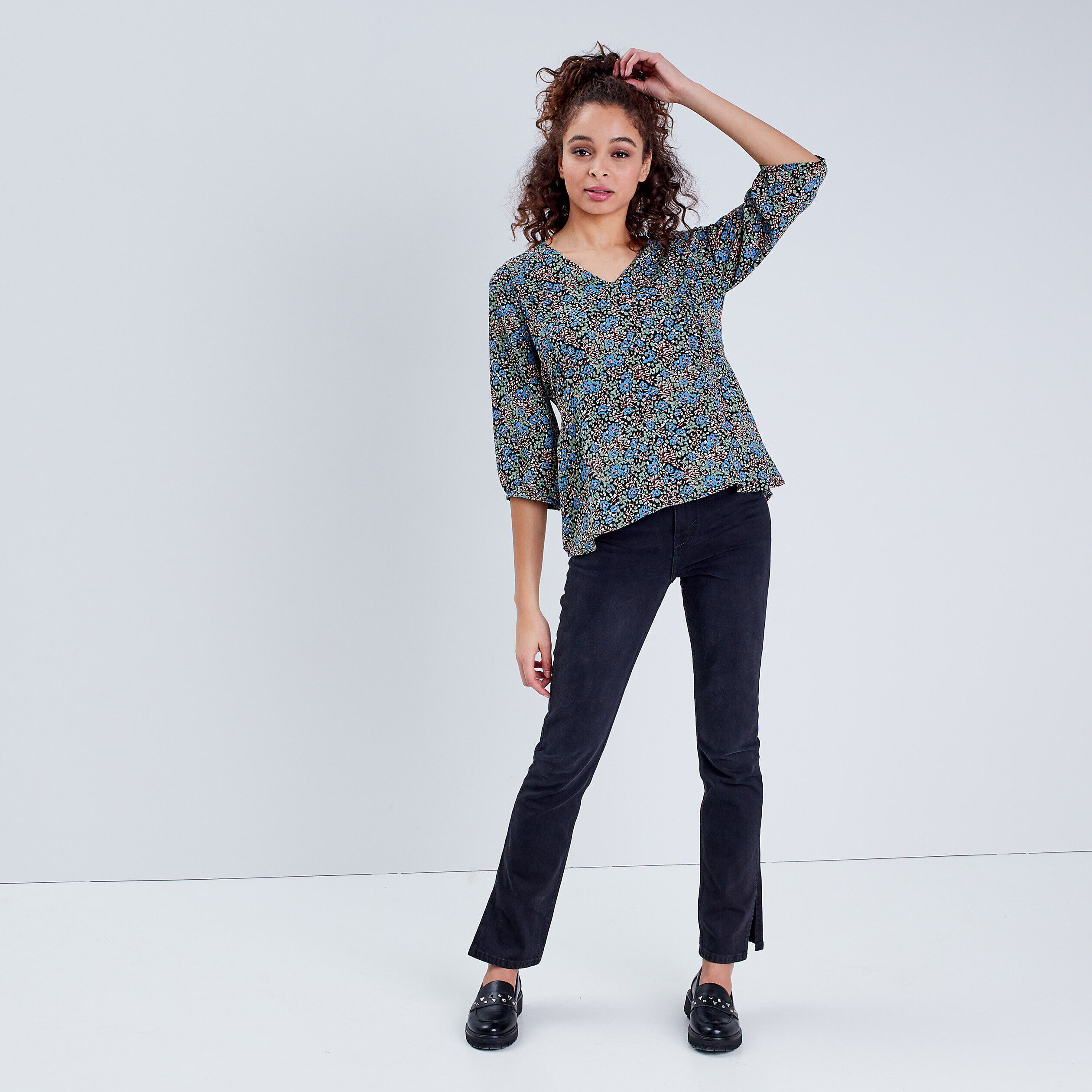 Blouse large col en V denim noir femme | Cache Cache