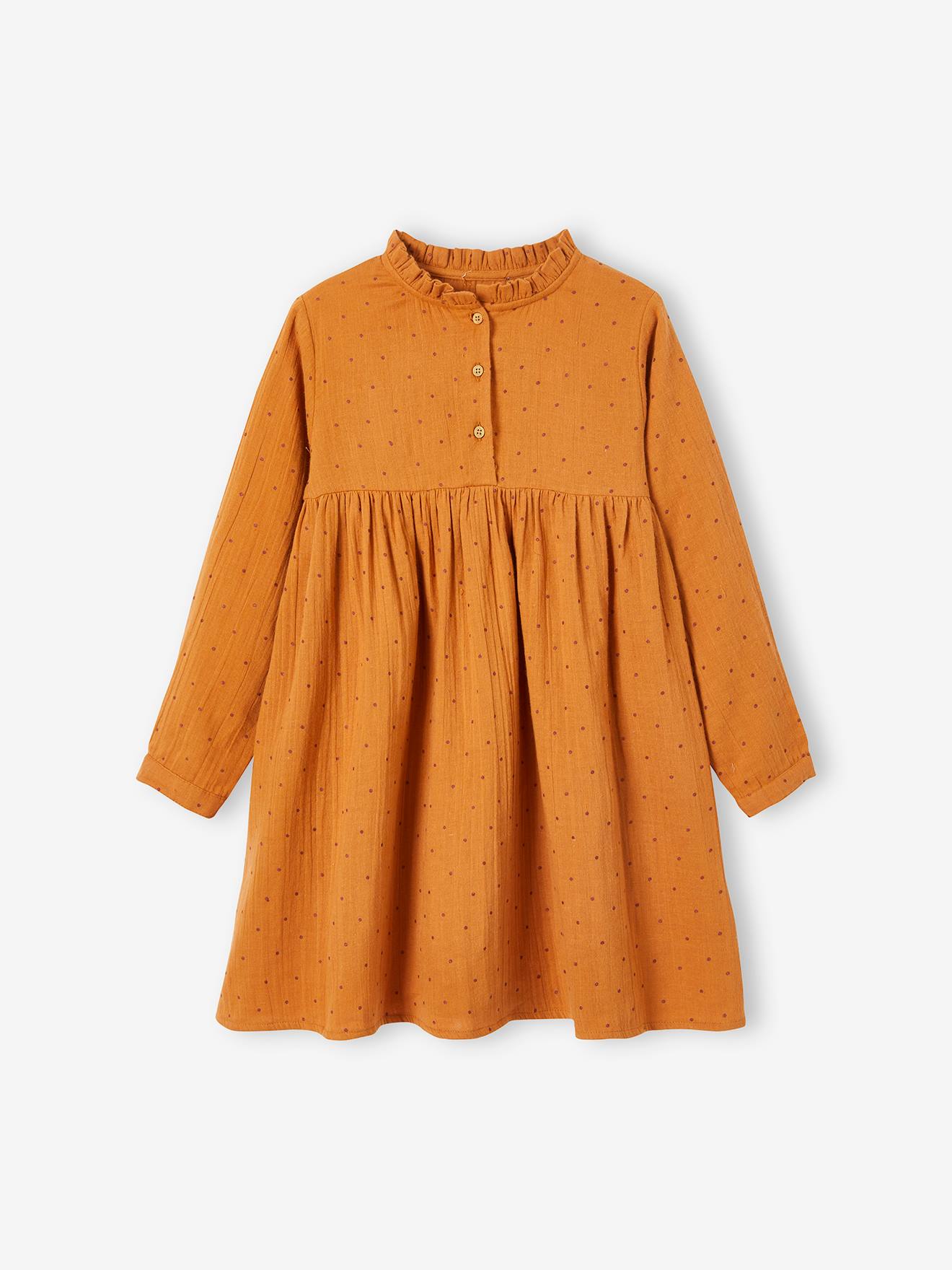 Robe en gaze de coton détails fantaisie fille beige