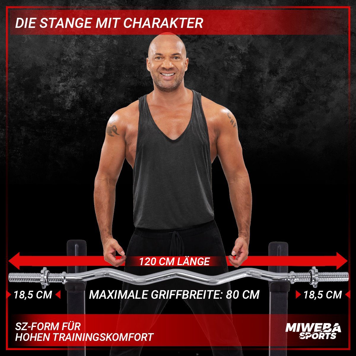 Miweba Sports SZ-Curlstange Profi SZ-Stange CS100 inkl. Sternverschlüsse, Stahl, 120,00 cm (30mm, 120.0 x 6.7 x 6.7 cm, 230 kg max. Belastung, Stahl, geriffelt, gelenkschonend, Anti-Rutsch, Curlstange, SZ Hantelstange, Workout, Training, Ganzkörpertr