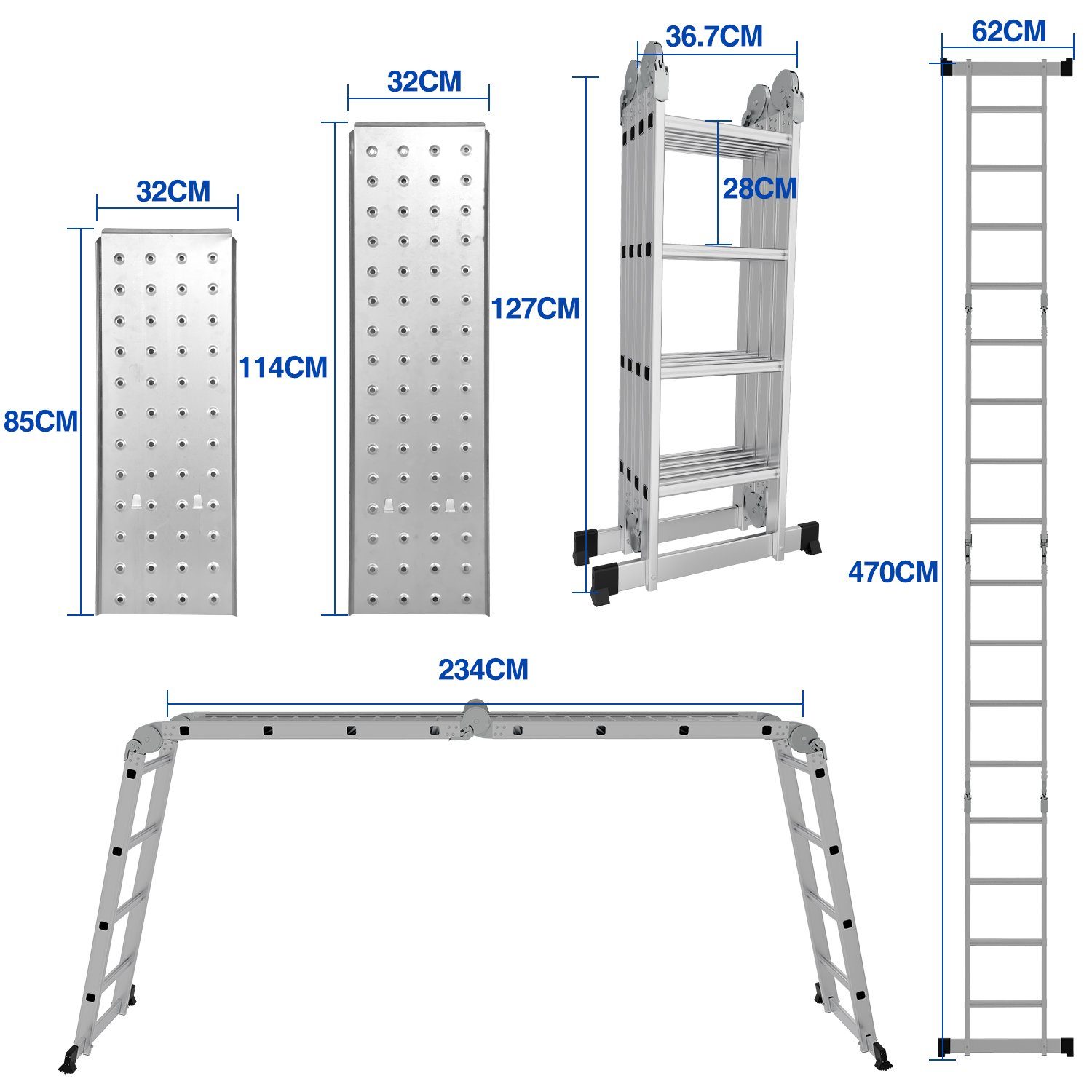 Yakimz Teleskopleiter Vielzweckleiter 6 in 1 Multifunktionsleiter Gerüst,4x4 4.7M bis 150kg