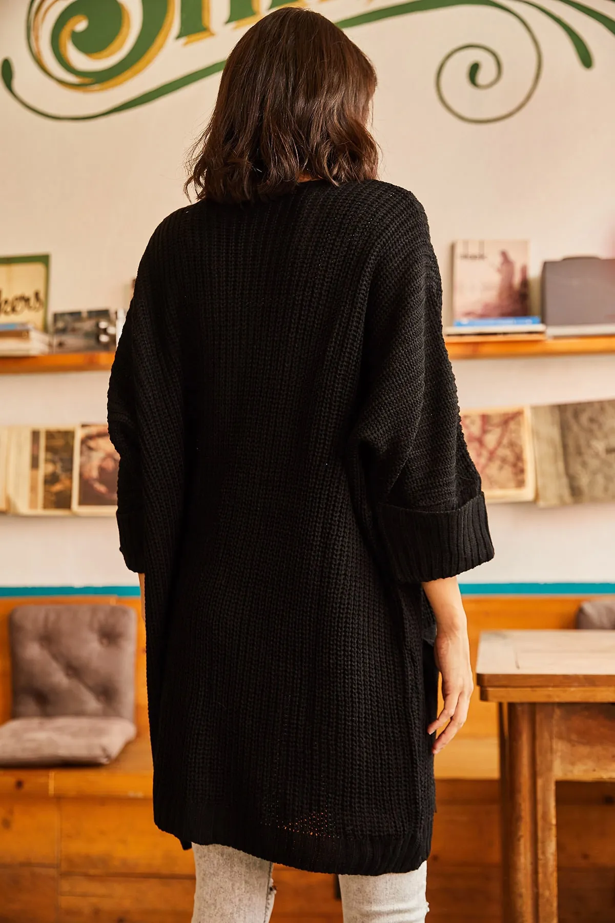 Olalook  Schwarze Strickjacke mit gefalteten Ärmeln und Tasche für Damen, lockere Strickmode, HRK-19000123