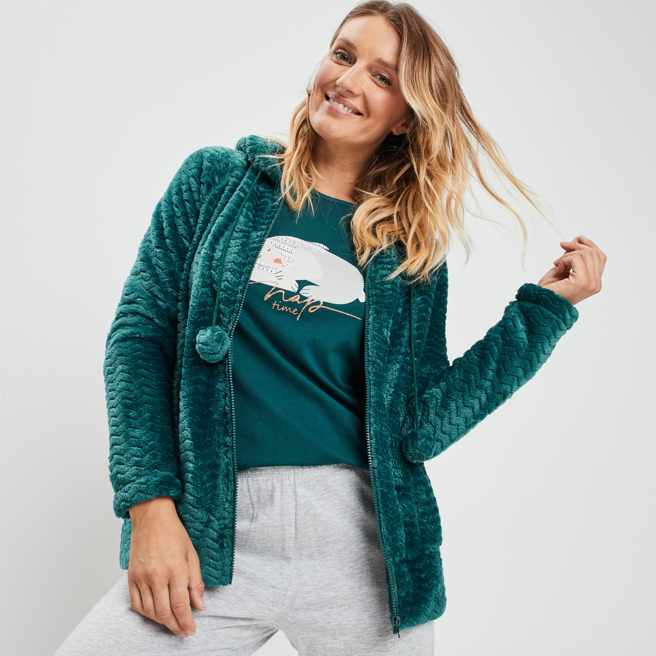 Veste de pyjama plaid à capuche vert foncé femme | La Halle