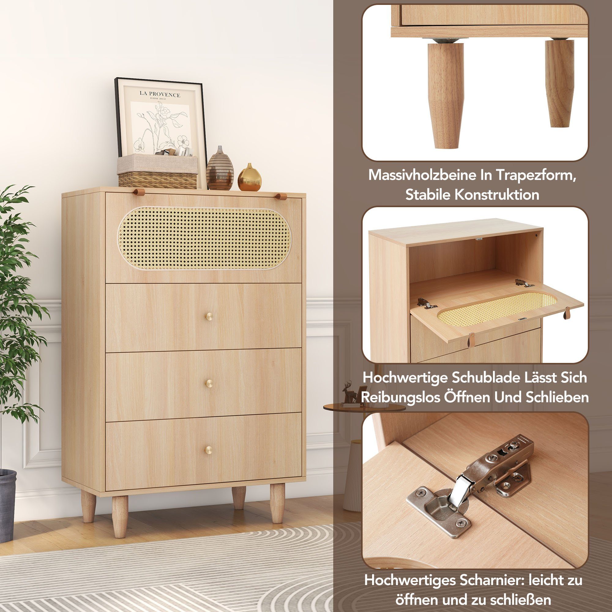 Merax Highboard, mit Rattantür und 3 Schubladen, Sideboard, Kommode, 120cm Hoch