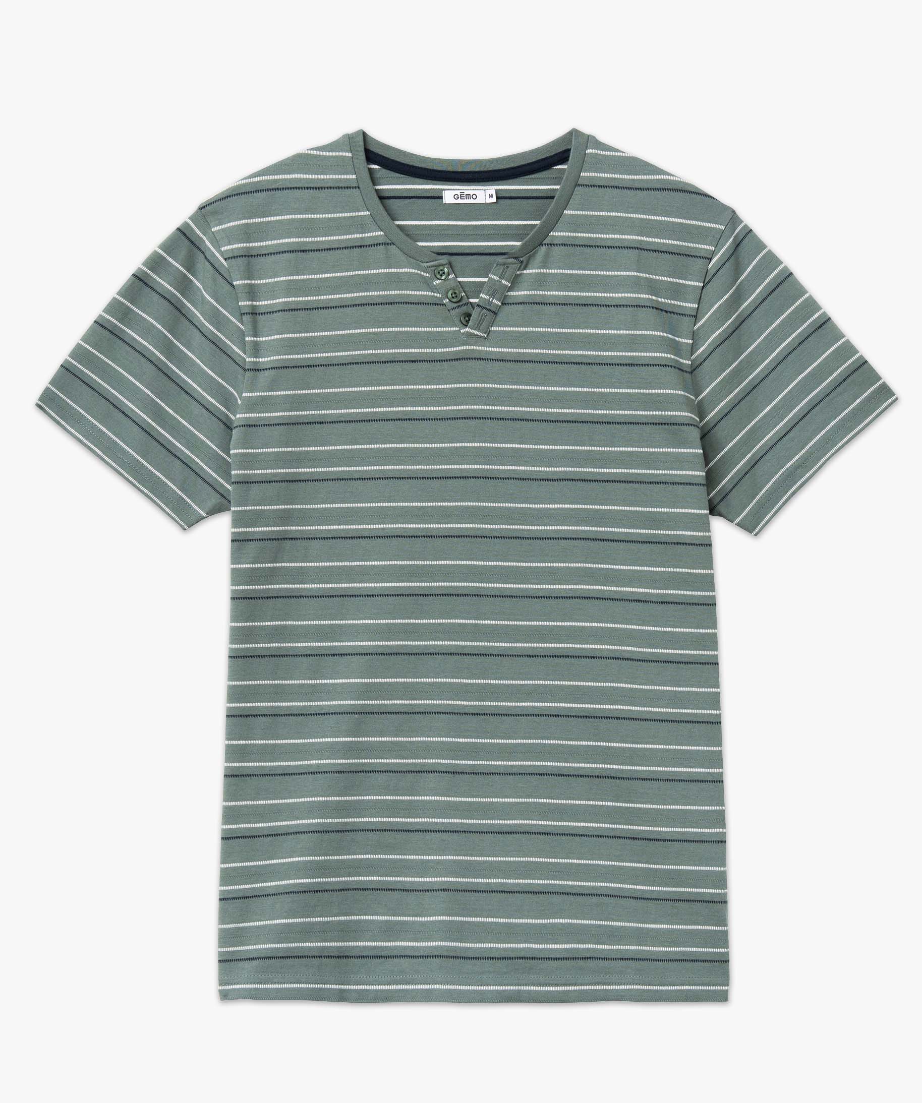 Tee-shirt homme à manches courtes, rayures et col fantaisie vert | GEMO