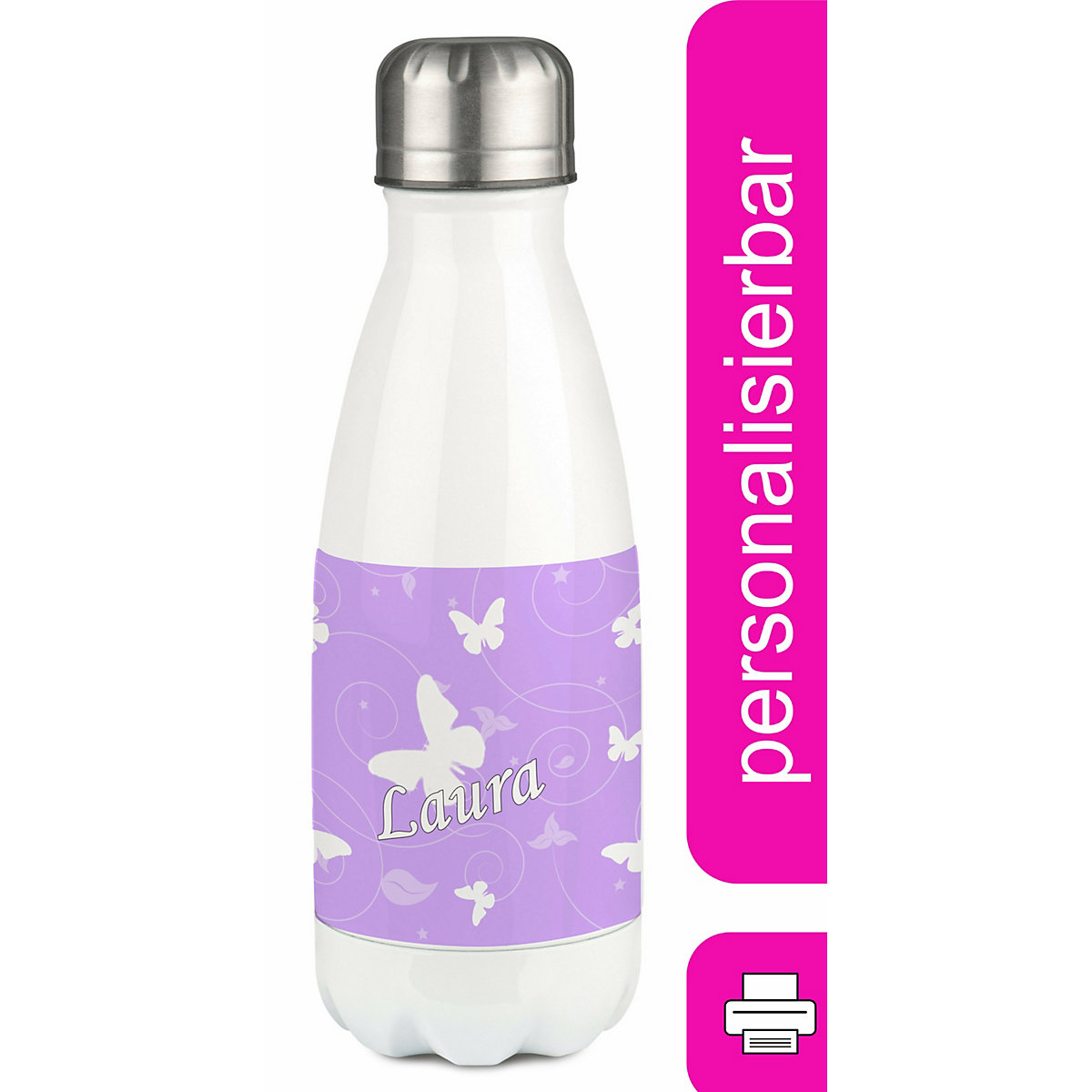 Edelstahl Kinder Thermoflasche / Trinkflasche bunt Schmetterling Ornamente Farbe flieder Spülmaschinenfest, Auslaufsicher, Bruchfest, Doppelwandig, Für Heißgetränke geeignet, Mit Deckel, Isoliert
