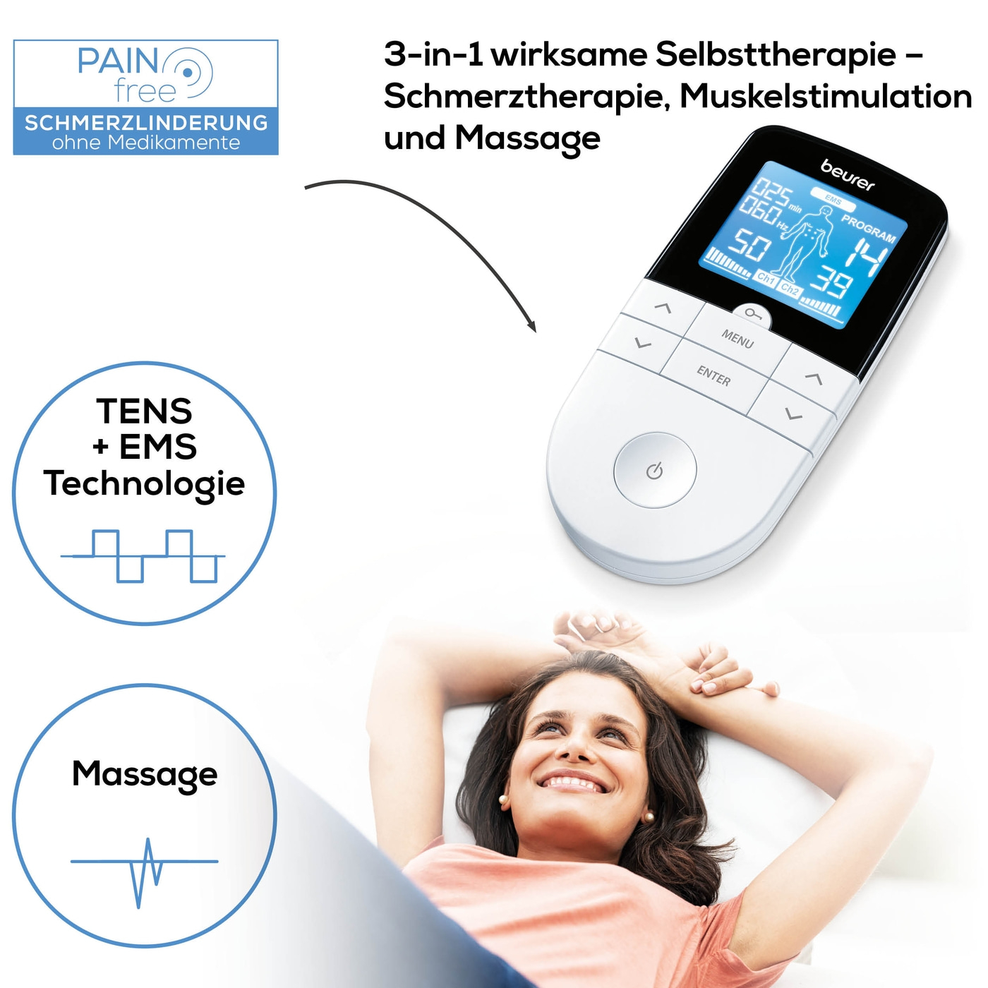 Beurer Digital TENS/EMS EM 49-3-in-1 EMS-TENS-Gerät - Schmerztherapie, Muskelstimulation & Massage