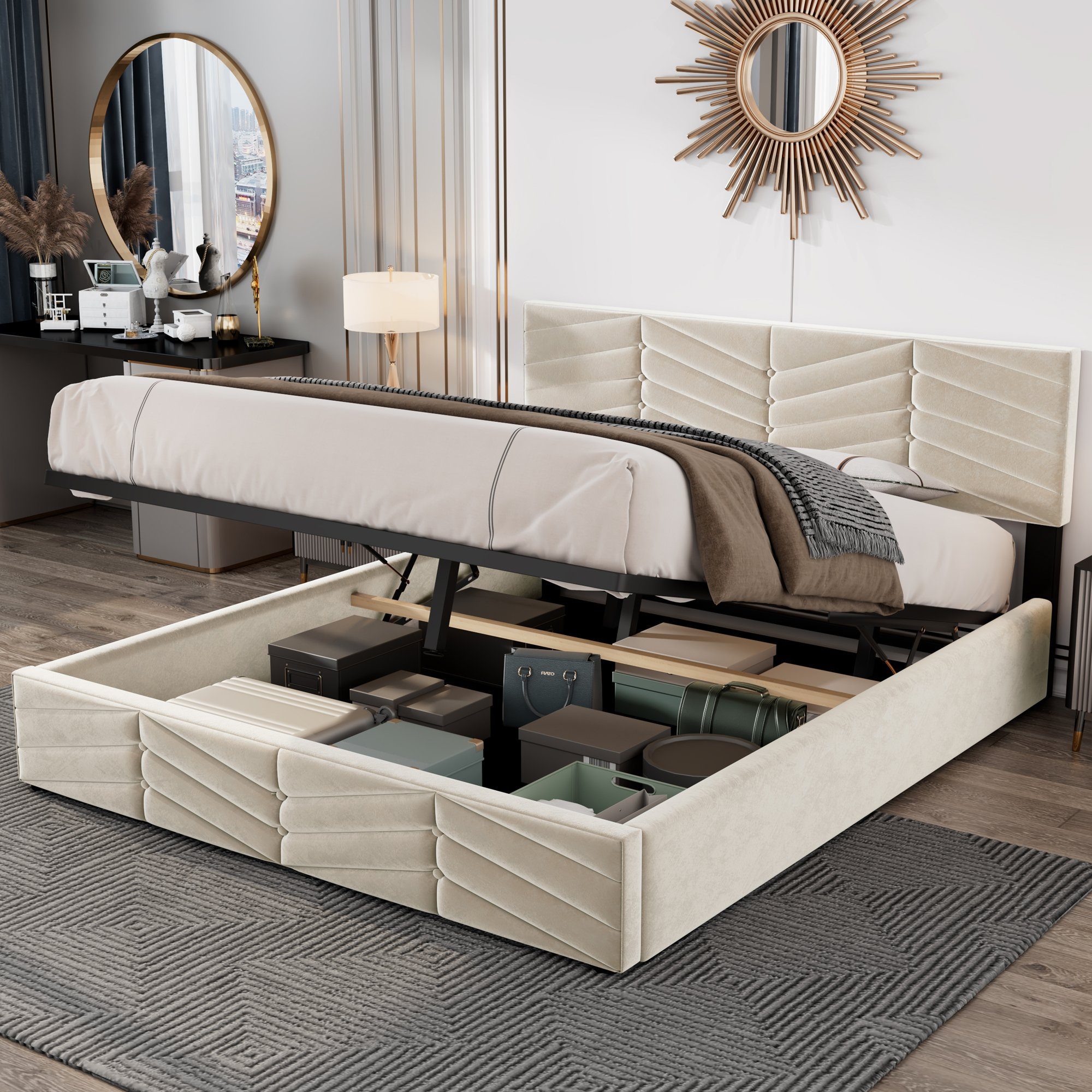 OKWISH Polsterbett Doppelbett Stauraumbett (140 x 200,Weiß mit Lattenrost ohne Matratze), Continentalbett,höhenverstellbares Kopfteil Allgemeine Daten