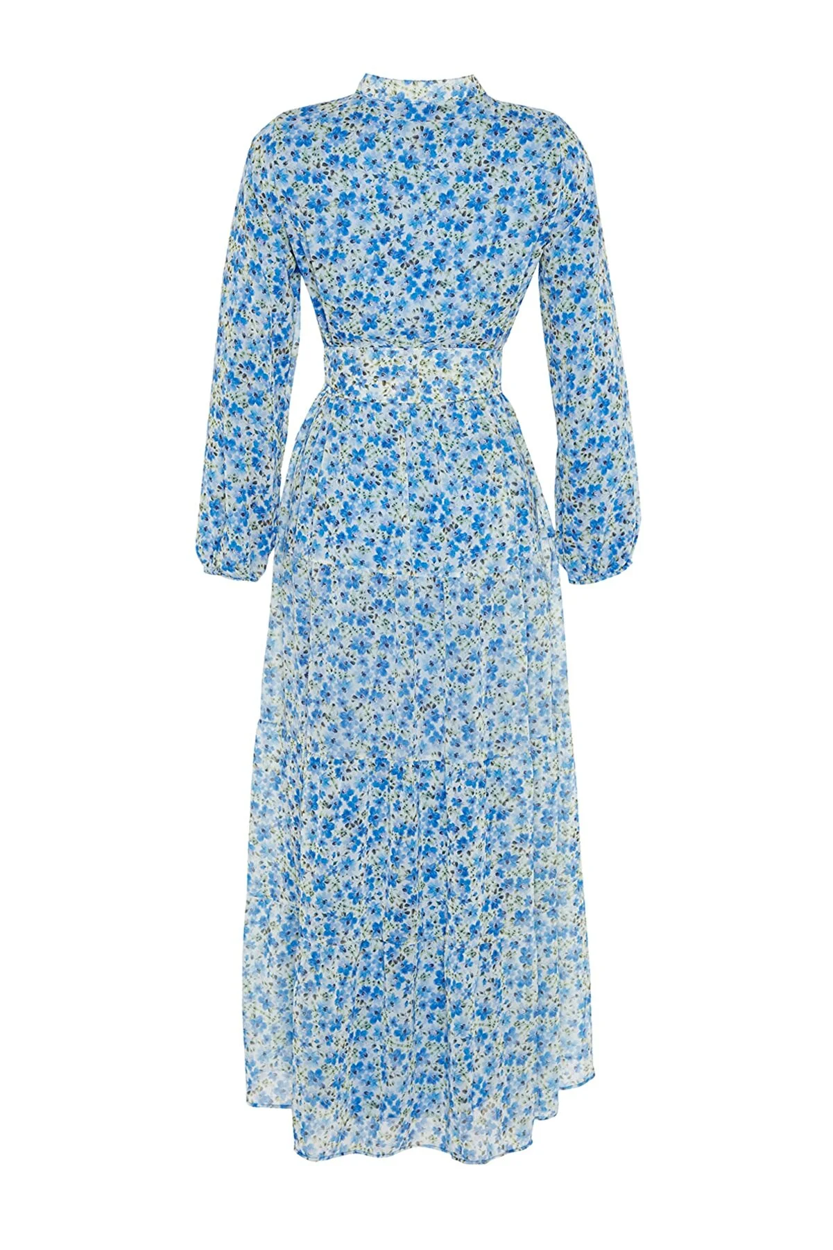 Trendyol Modest  Hellblaues Kleid aus gewebtem Chiffon mit Blumenmuster, Gürtel, Stehkragen und Futter TCTSS21EL3346