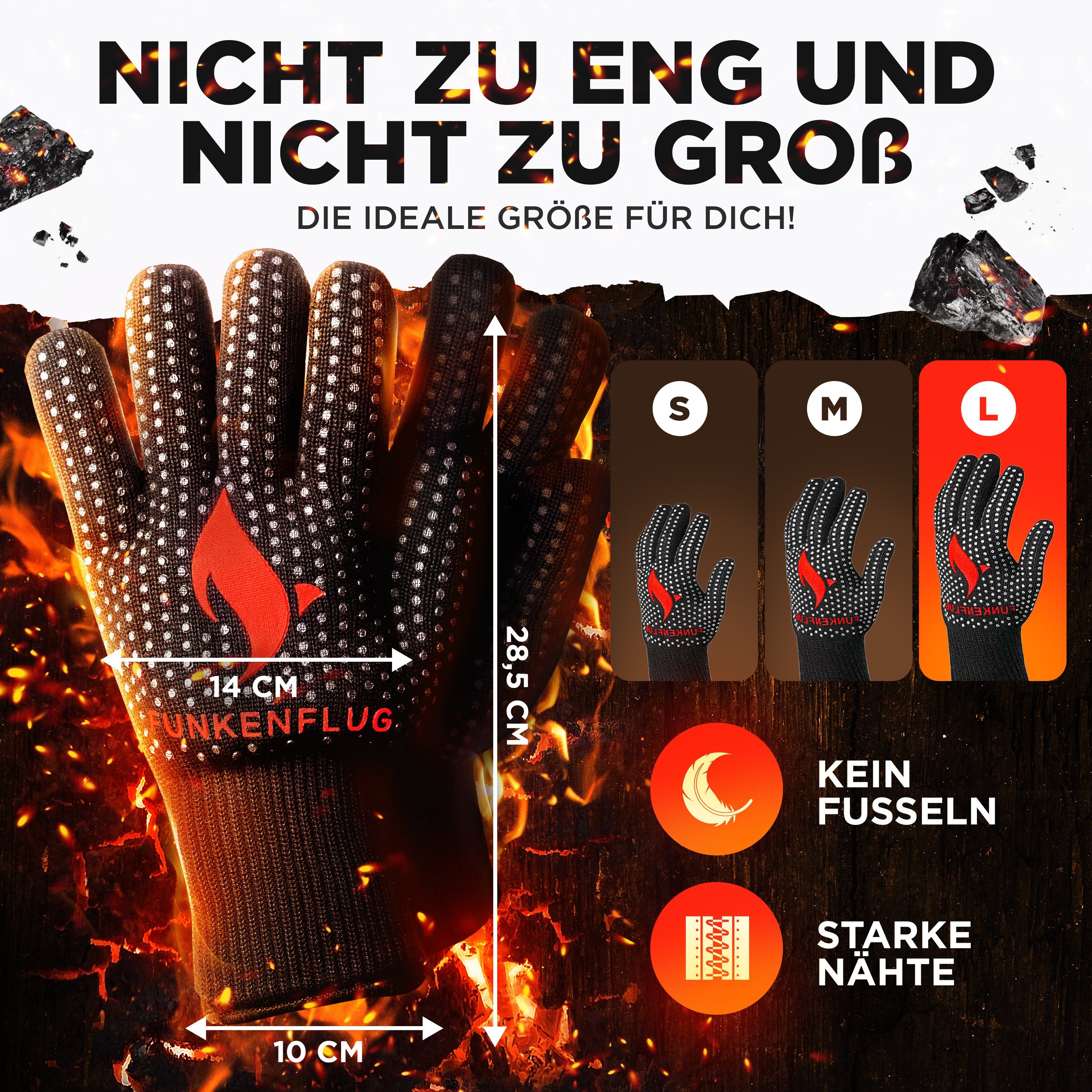 Funkenflug Grillhandschuhe Funkenflug® Premium Grillhandschuhe hitzebeständig, (3 bequeme Größen [Neu] - Lange feuerfeste Handschuhe für ein einzigartiges Grillerlebnis, 2-tlg., 1 Paar Grillhandschuhe + 2 Stück Dutch Oven E-Books), inkl. Geschenkverp