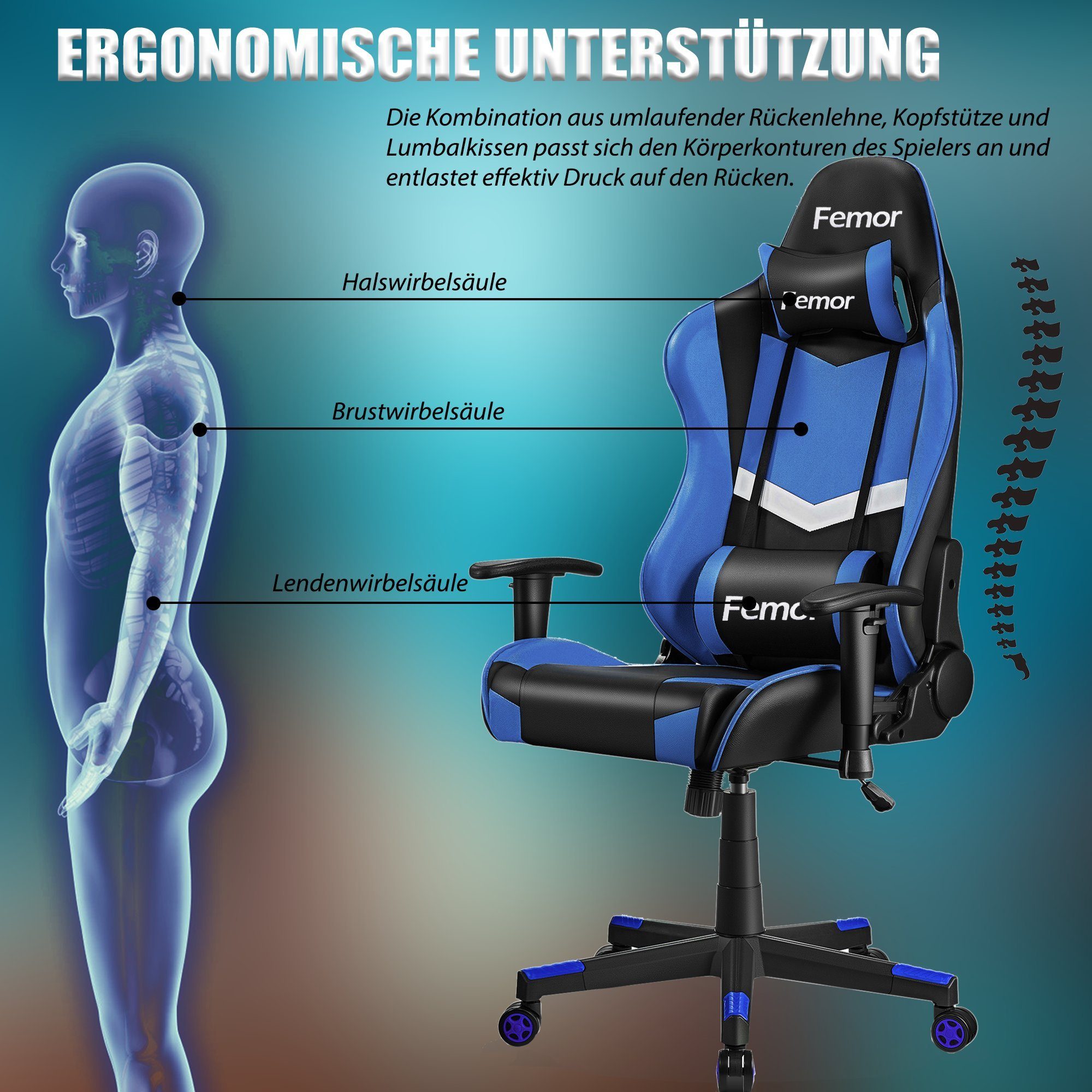 Femor Gaming Chair Gaming Stuhl, Gamer Stuhl 90°-160° Neigungswinkel