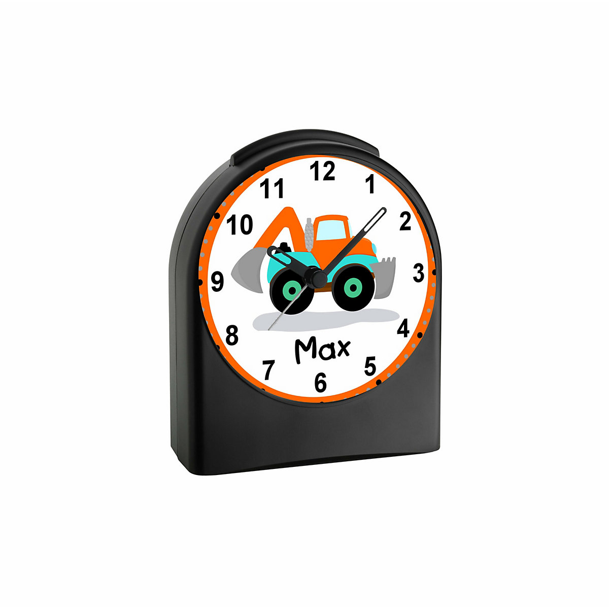 Kinder Funkwecker personalisiert mit Namen Bagger Atom-/Funkuhr, 12-Stunden-Anzeigeformat, Schlummerfunktion, Nachtlicht, Geräuschlos/Ohne Ticken