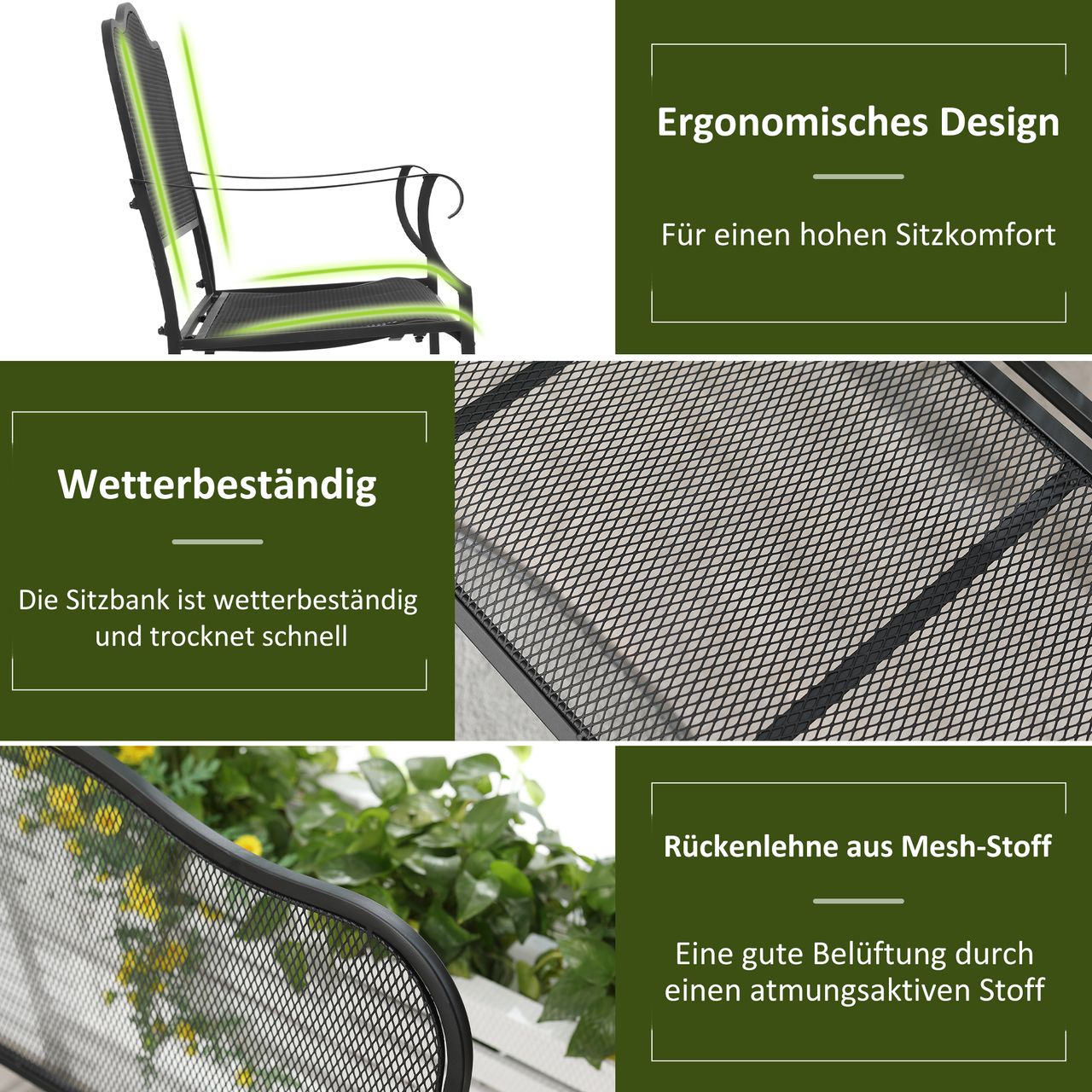 Outsunny Gartenbank 2-Sitzer Parkbank Sitzbank Terrassenbank bis 220 kg belastbar mit Rückenlehnen Metall Schwarz 113 x 58 x 98 cm