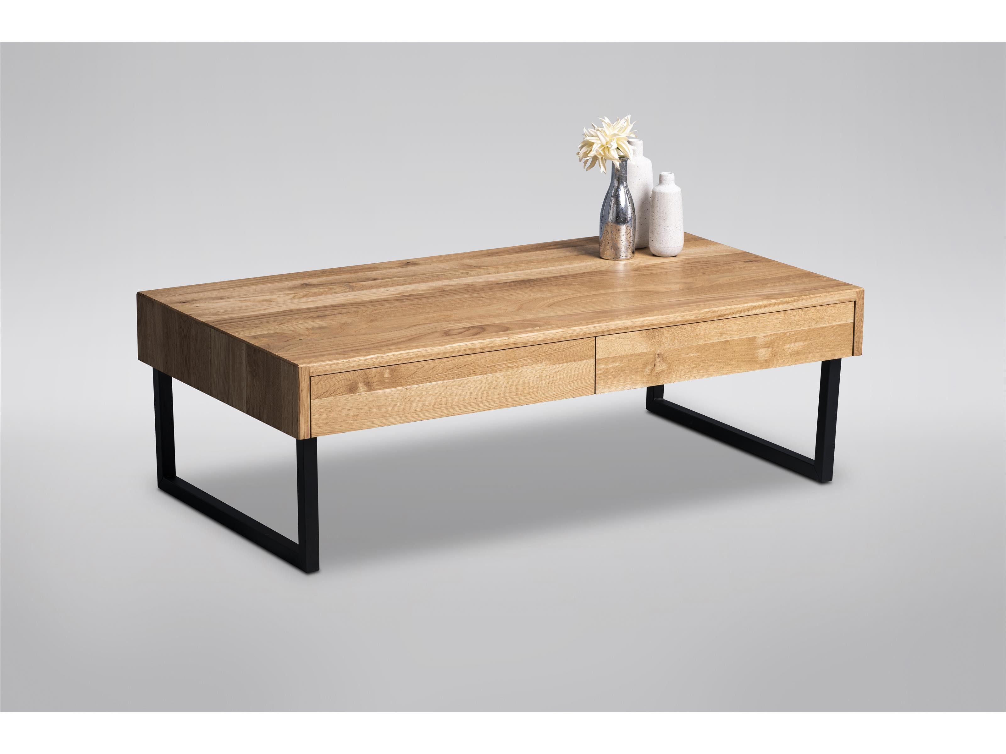 möbelando Couchtisch Livvyy, Moderner Couchtisch, Tischplatte aus Massivholz in Wildeiche geölt, Gestell aus Metall in Schwarz mit 2 Schubkästen. Breite 110 cm, Höhe 35 cm, Tiefe 60 cm