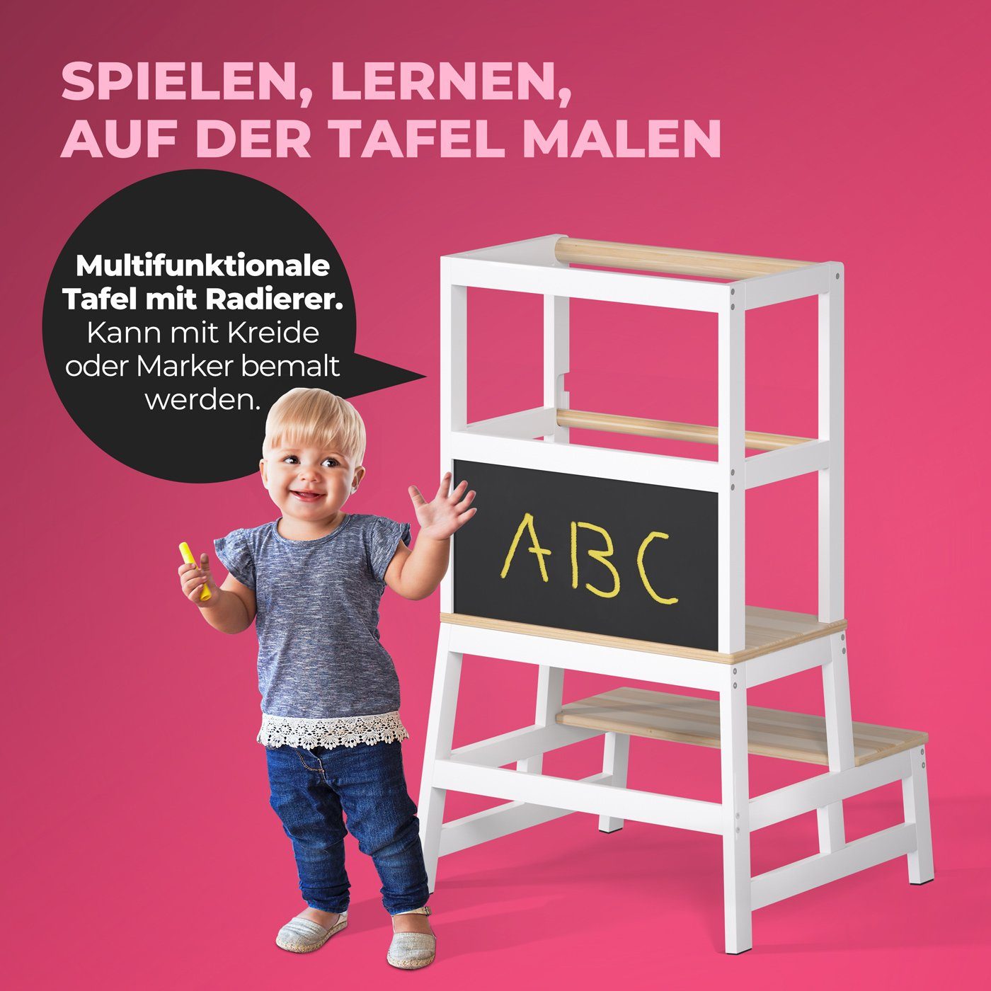 Spielwerk Kinderstuhl, 50x51x93cm 100kg belastbar Sicherheitsstange Tritthocker Küchenhelfer