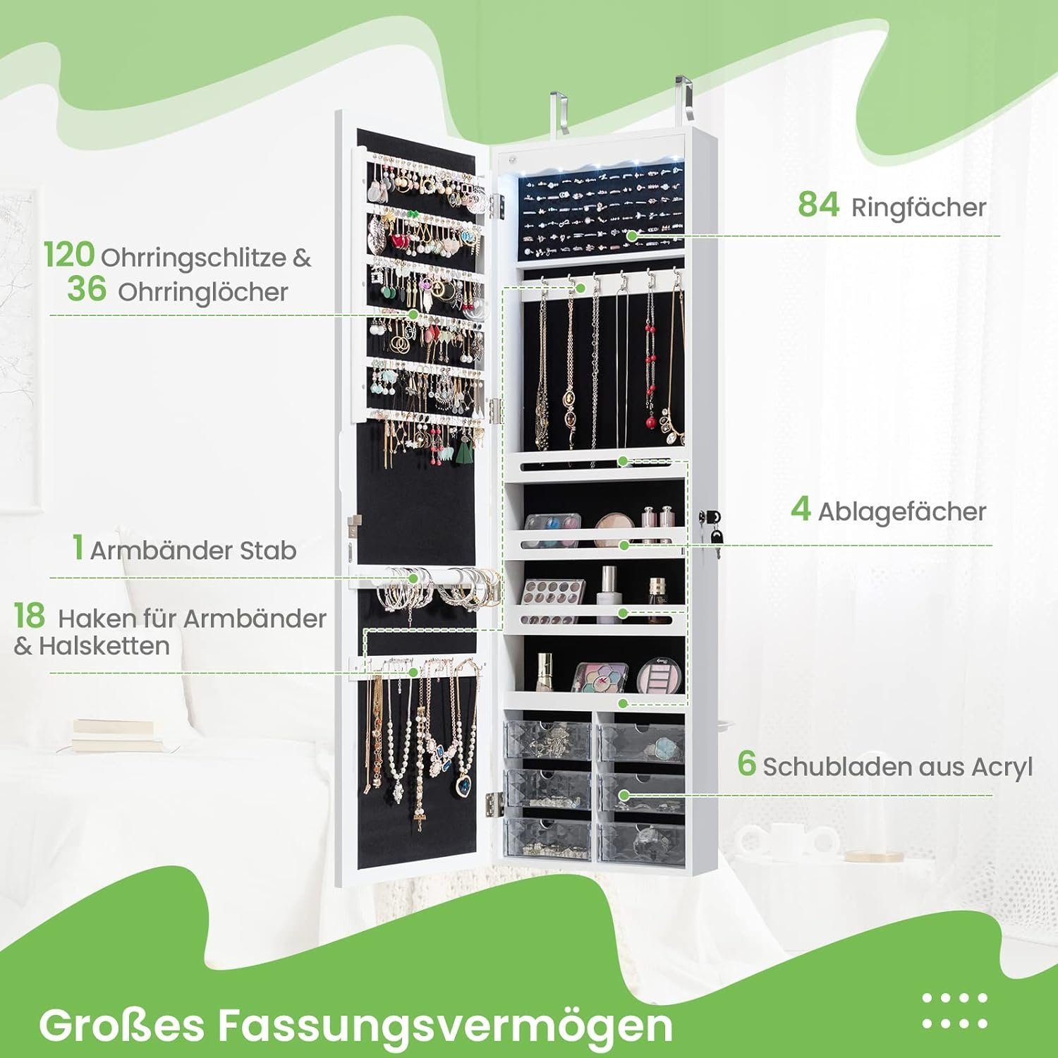 KOMFOTTEU Schmuckschrank mit Spiegel mit 5 LED-Lichtern