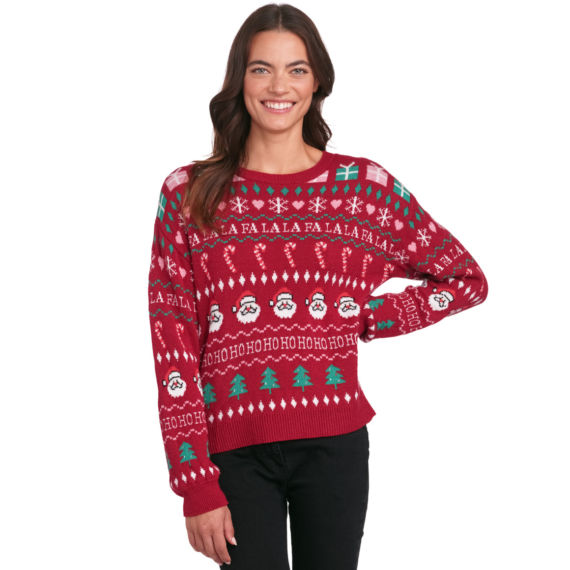 Damen Weihnachtspullover mit Allover-Motiv dunkelrot / grün / weiss