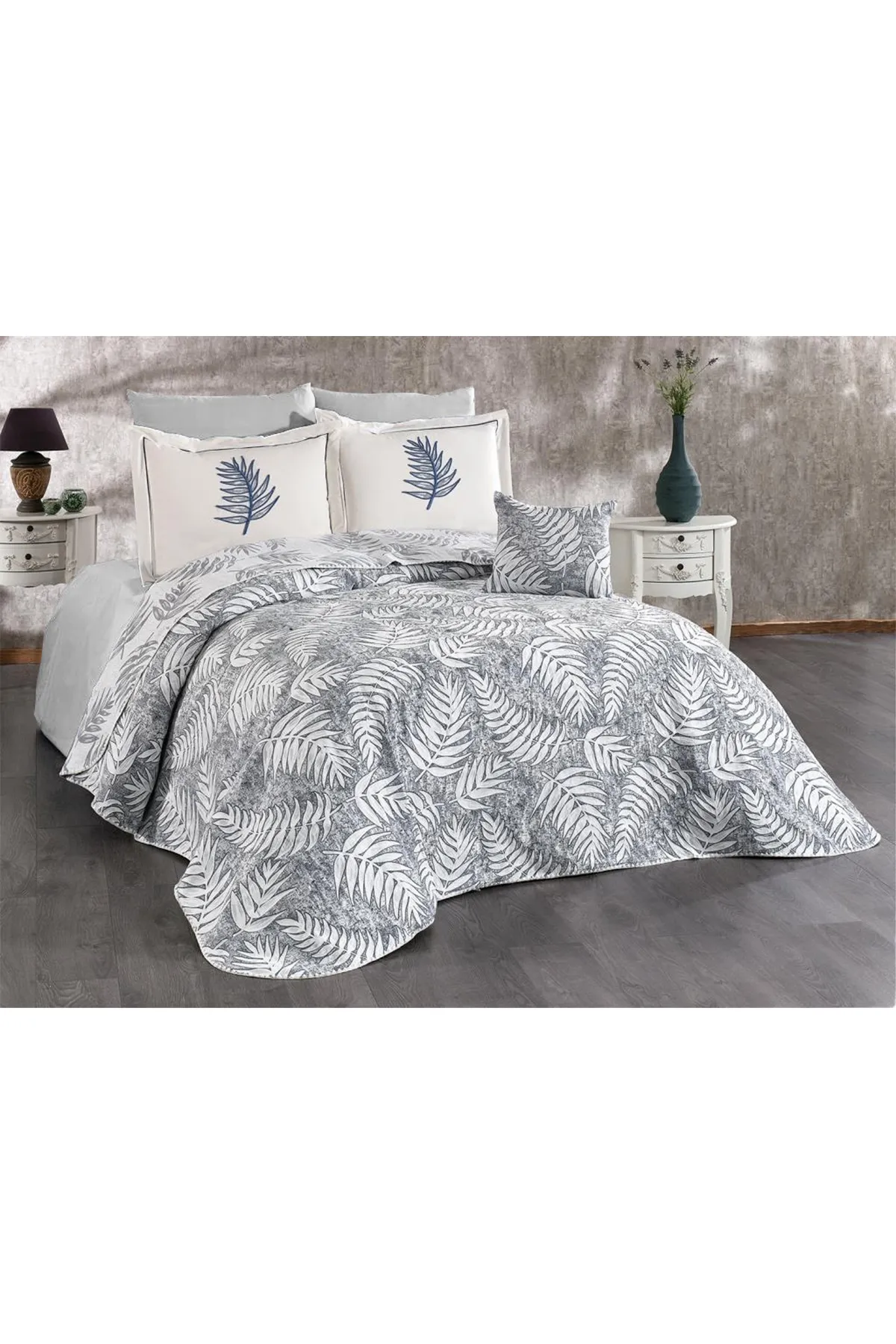 Çeyiz Diyarı  Palm 7-teiliges Chenille-Pique-Set Creme – Grau