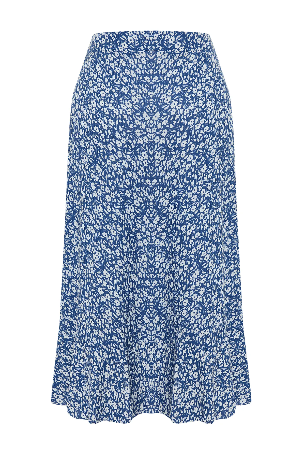 Trendyol Collection  Blau bedruckter High Waist Midi Stretch Strickrock mit Raffung und Volant TWOSS21ET0029
