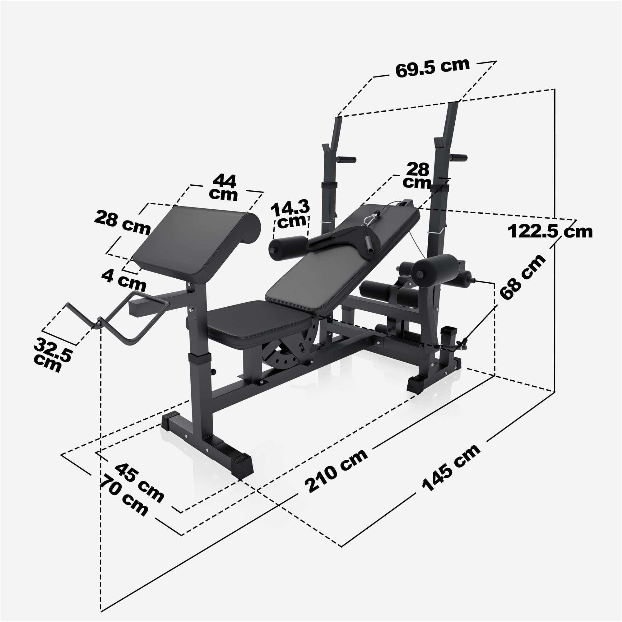 GORILLA SPORTS Kraftstation Hantelbank mit verstellbare Hantelablage, Beincurler, 100 kg Hantelset