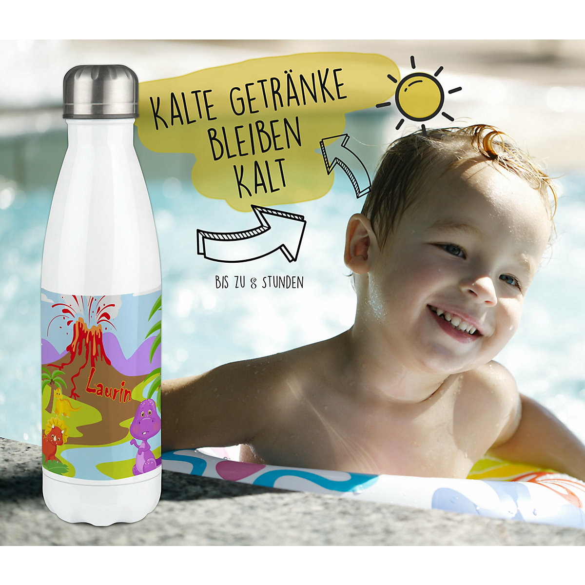 Edelstahl Kinder Thermoflasche / Trinkflasche bunt Dino Spülmaschinenfest, Auslaufsicher, Bruchfest, Doppelwandig, Für Heißgetränke geeignet, Mit Deckel, Isoliert