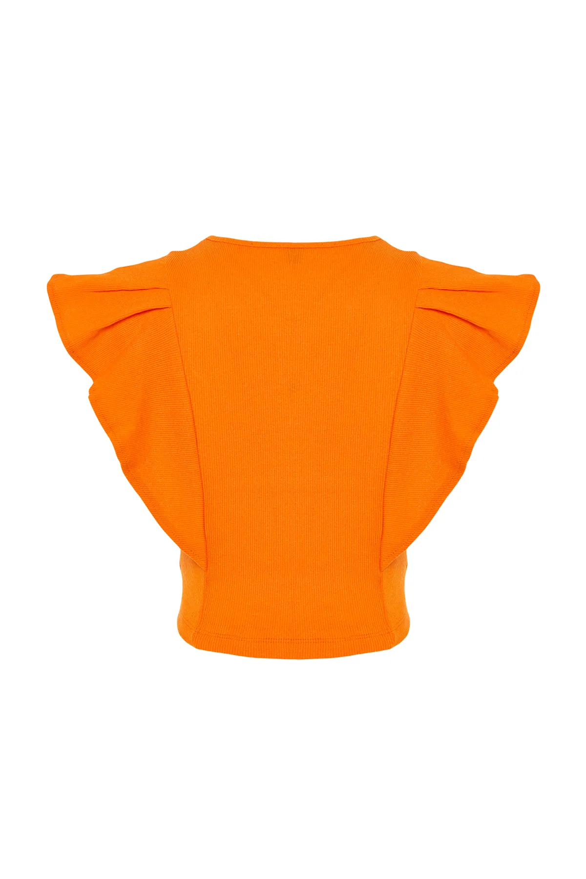 Trendyol Collection  Orangefarbene, gerippte, dehnbare Strickbluse mit Rundhalsausschnitt und Rüschenärmeln TWOSS24BZ00370