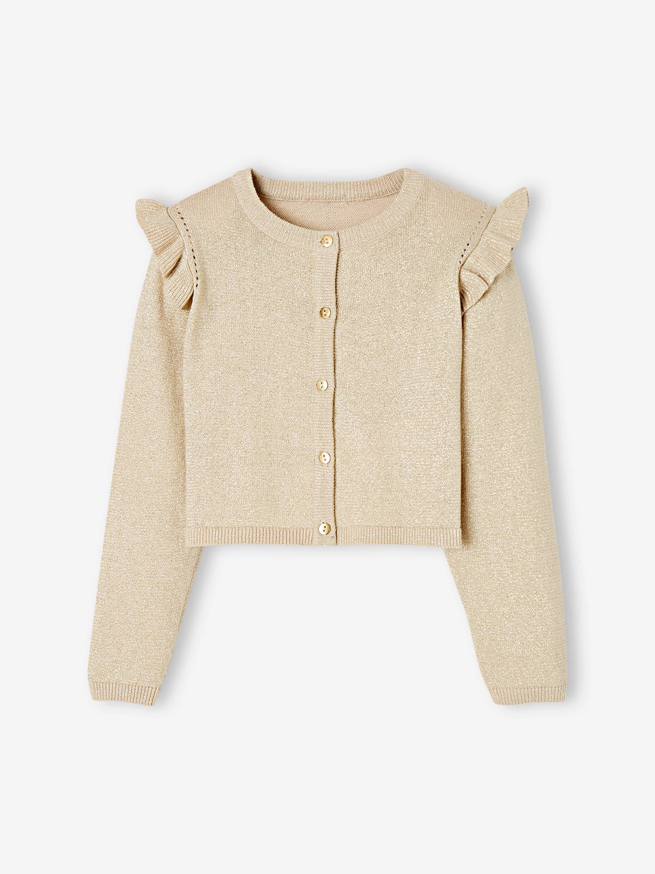 Gilet à volants en maille irisée fille beige doré