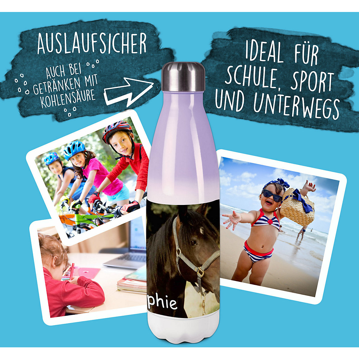 Edelstahl Kinder Thermoflasche / Trinkflasche bunt Pferd Orignial Spülmaschinenfest, Auslaufsicher, Bruchfest, Doppelwandig, Für Heißgetränke geeignet, Mit Deckel, Isoliert