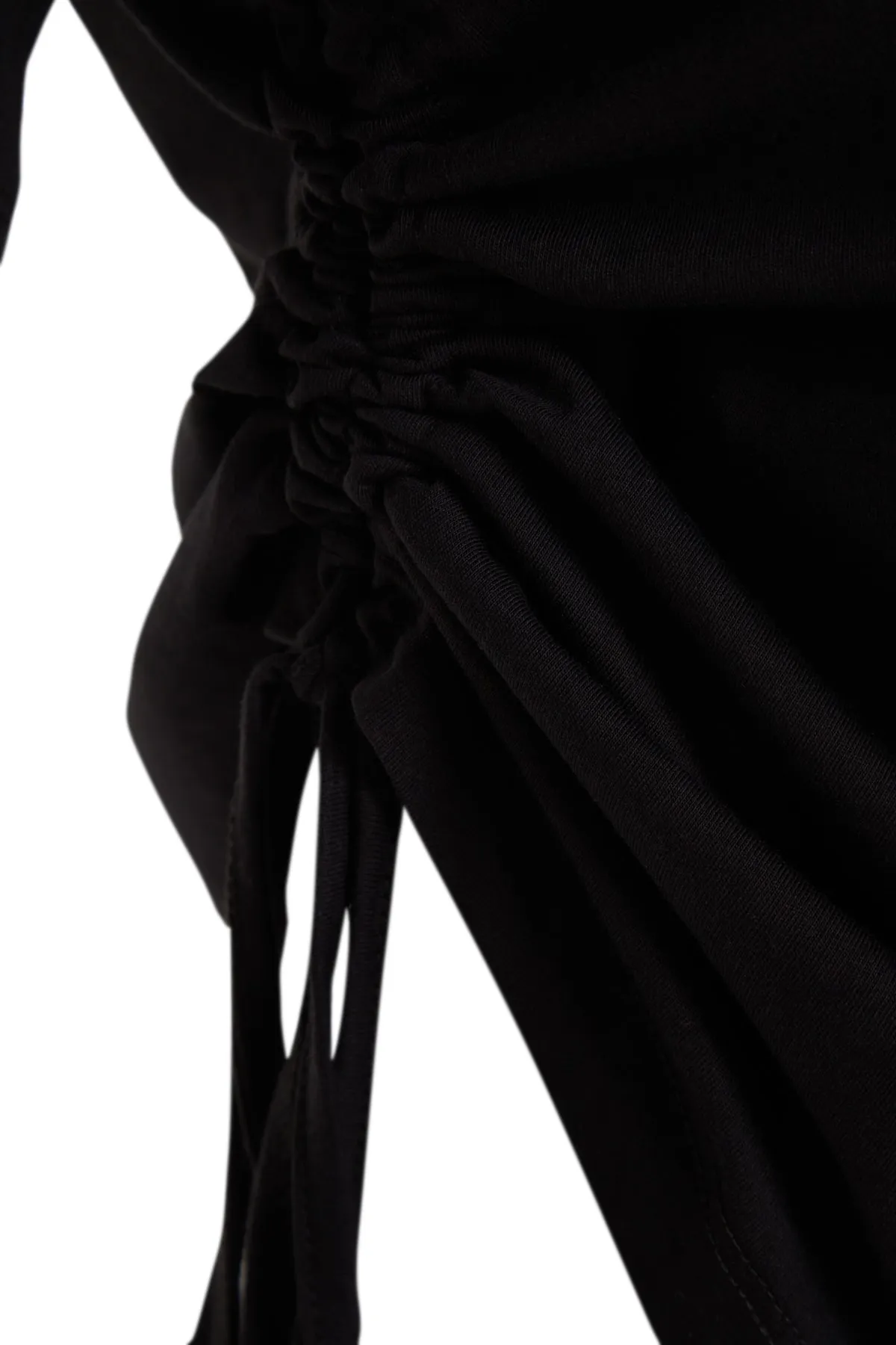Trendyol Collection  Baumwoll-T-Shirt mit Boyfriend-Fit-Rücken und Aufdruck – Rundhalsausschnitt, Kordelzugdetail, Schwarz, 100 % Baumwolle TWOSS23TS00150