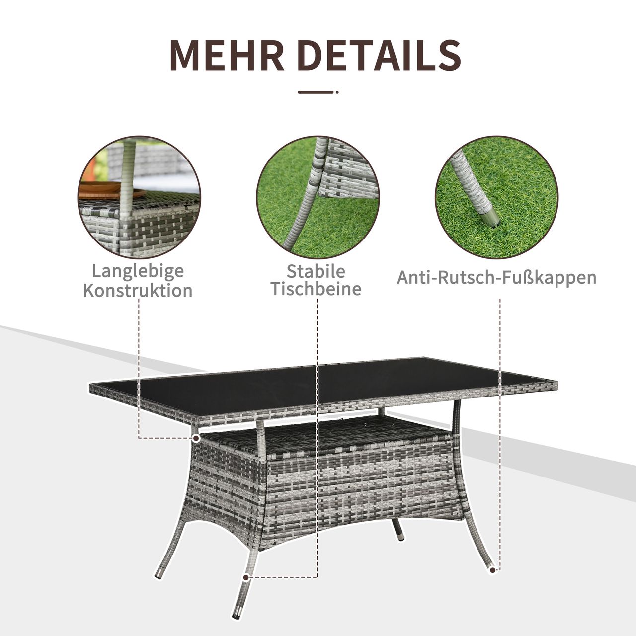 Outsunny Gartentisch Glastisch Esstisch Gartenmöbel Tisch, Polyrattan Sicherheitsglas, Grau Schwarz, 150x85x74cm