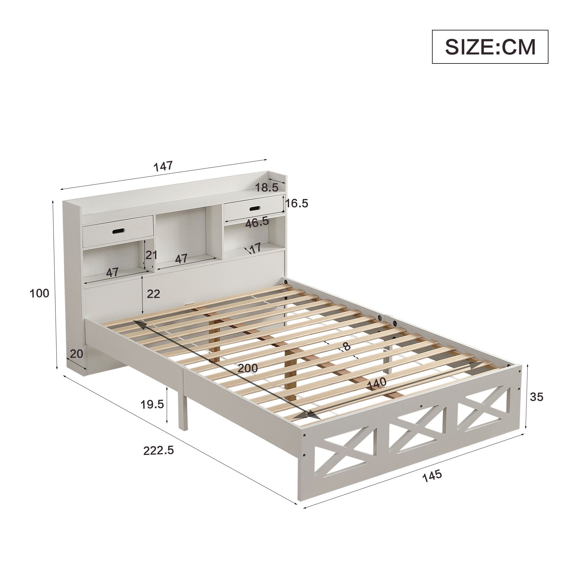 Flieks Holzbett, Massivholz Doppelbett mit Schubladen und Ablagefächer 140x200cm