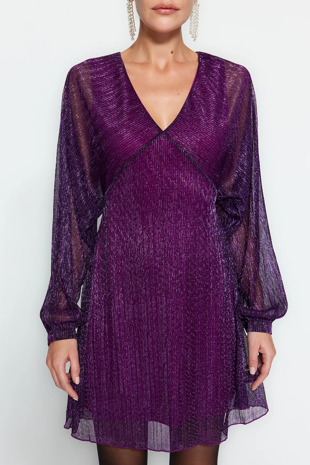 Trendyol Collection  Lila offene Taille/Skater-Strickkleid, gefüttert, glänzend, elegantes Abendkleid TPRAW24EL00000