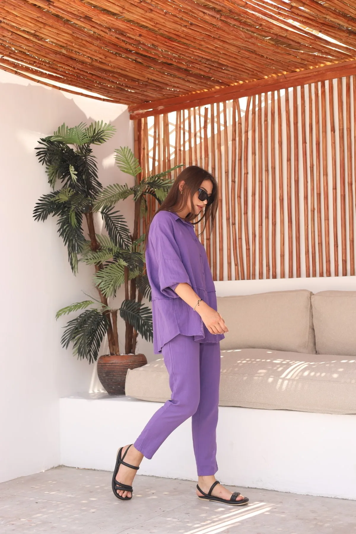 Laluvia  Lila roher Leinen-Hemd-Hose-Damenanzug