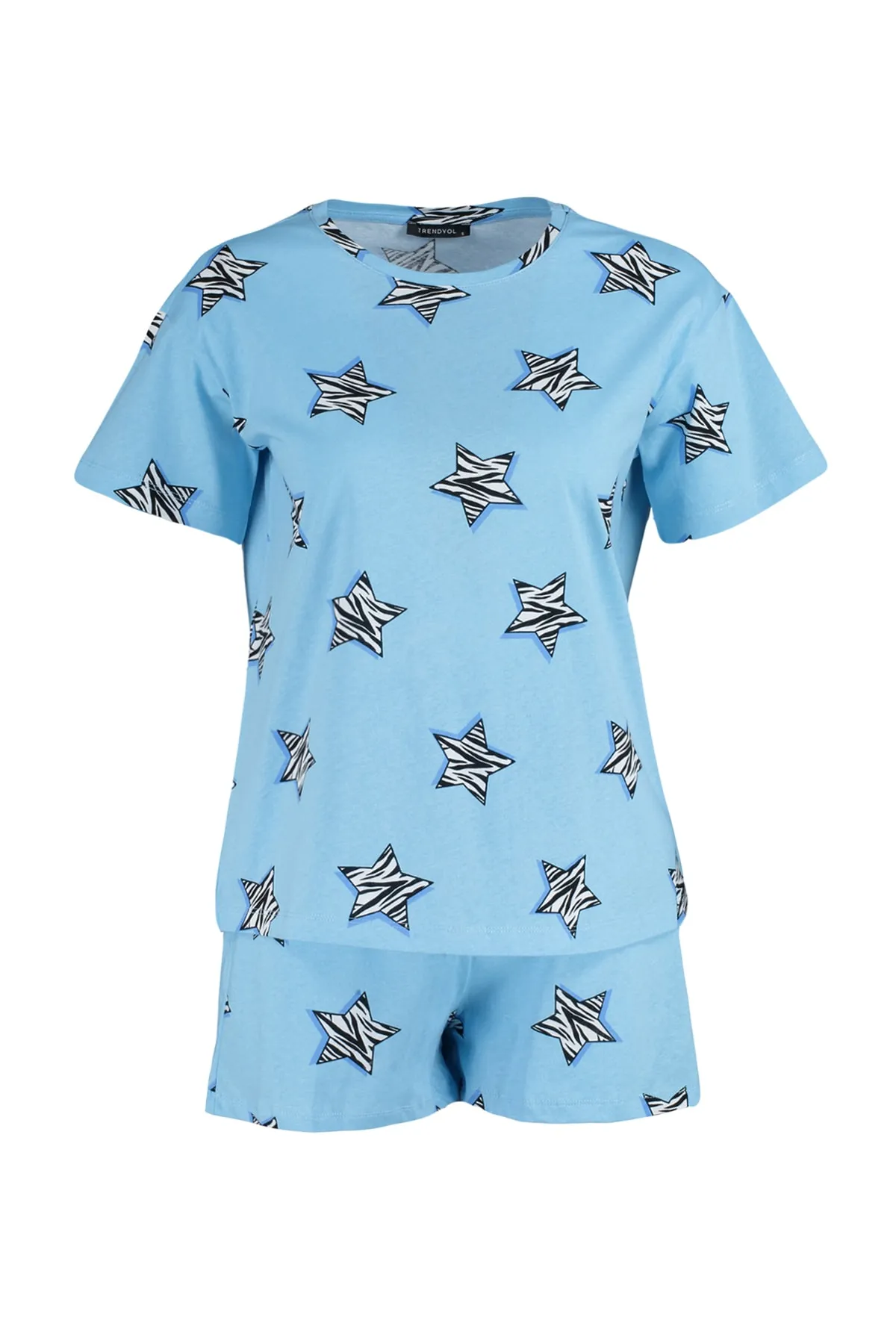 Trendyol Collection  Blaues Strickpyjama-Set mit T-Shirt und Shorts aus 100 % Baumwolle mit Sternmuster THMSS23PT00005
