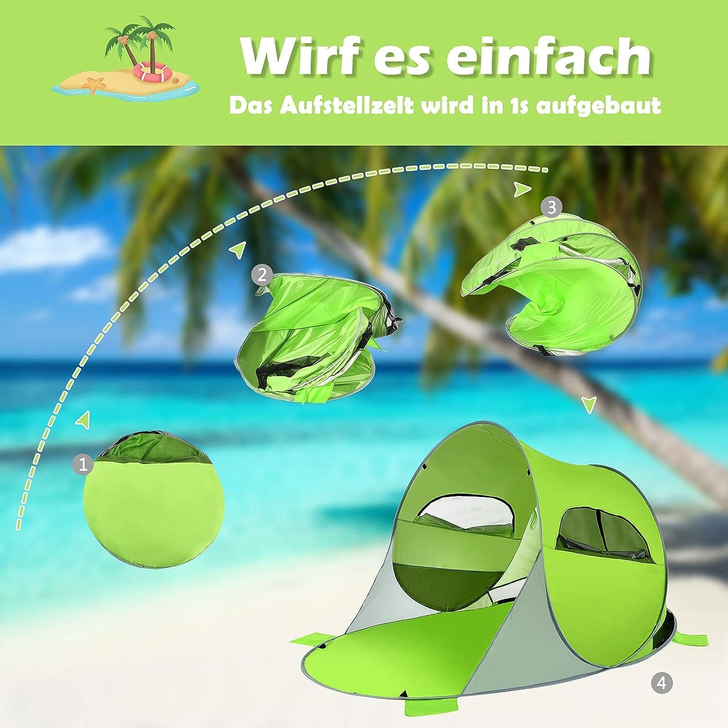 KOMFOTTEU Strandmuschel Strandzelt, für 3-4 Personen, automatisch & tragbar