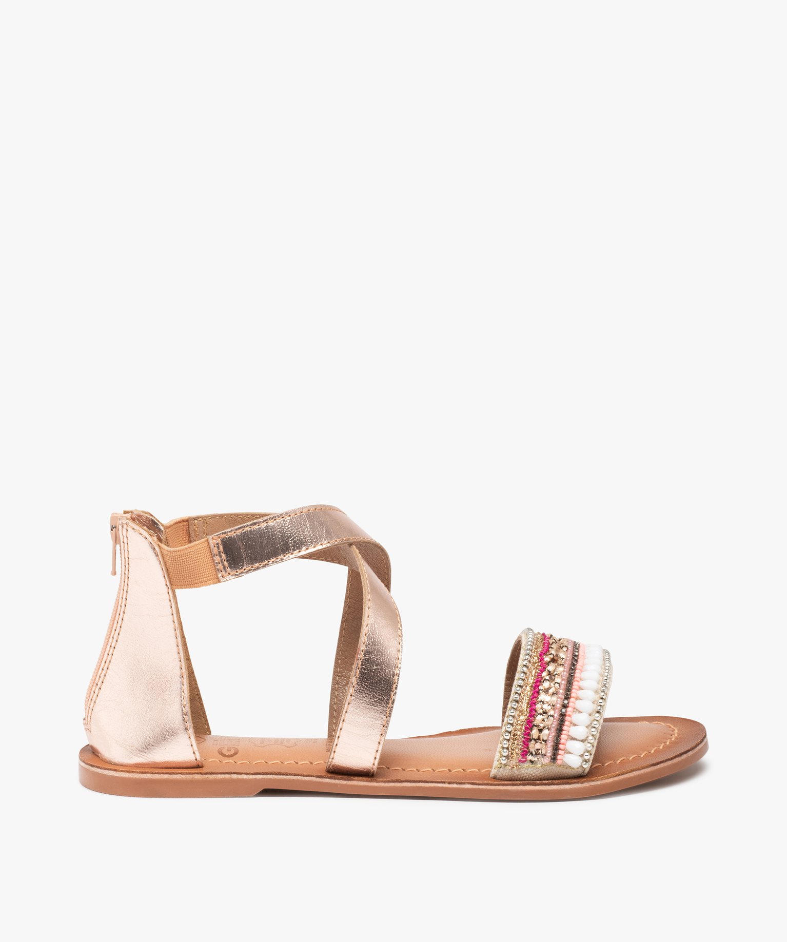Sandales fille à tige montante et bride brodée de perles rose | GEMO