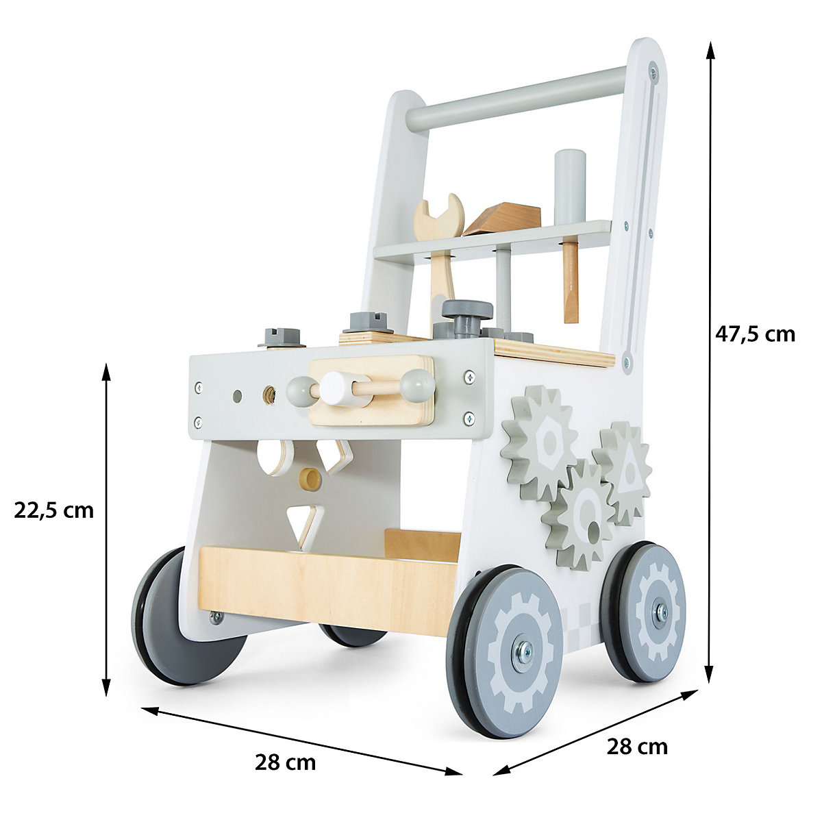 Lauflernwagen aus Holz mit Gummibereifung, Lauflernhilfe-Laufwagen für Kinder, Sortierer, Werkzeugbank für Kinder aus Holz