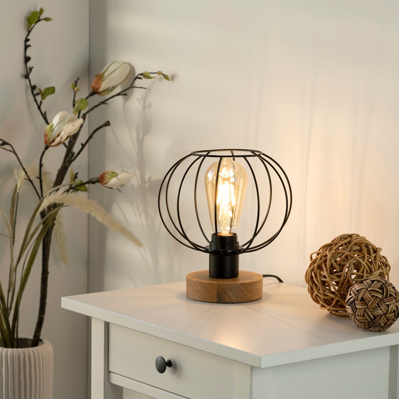 JUST LIGHT LeuchtenDirekt Tischleuchte KASKA, Holzdekor, 1xE27 max. 40 W, Innenleuchte, IP20