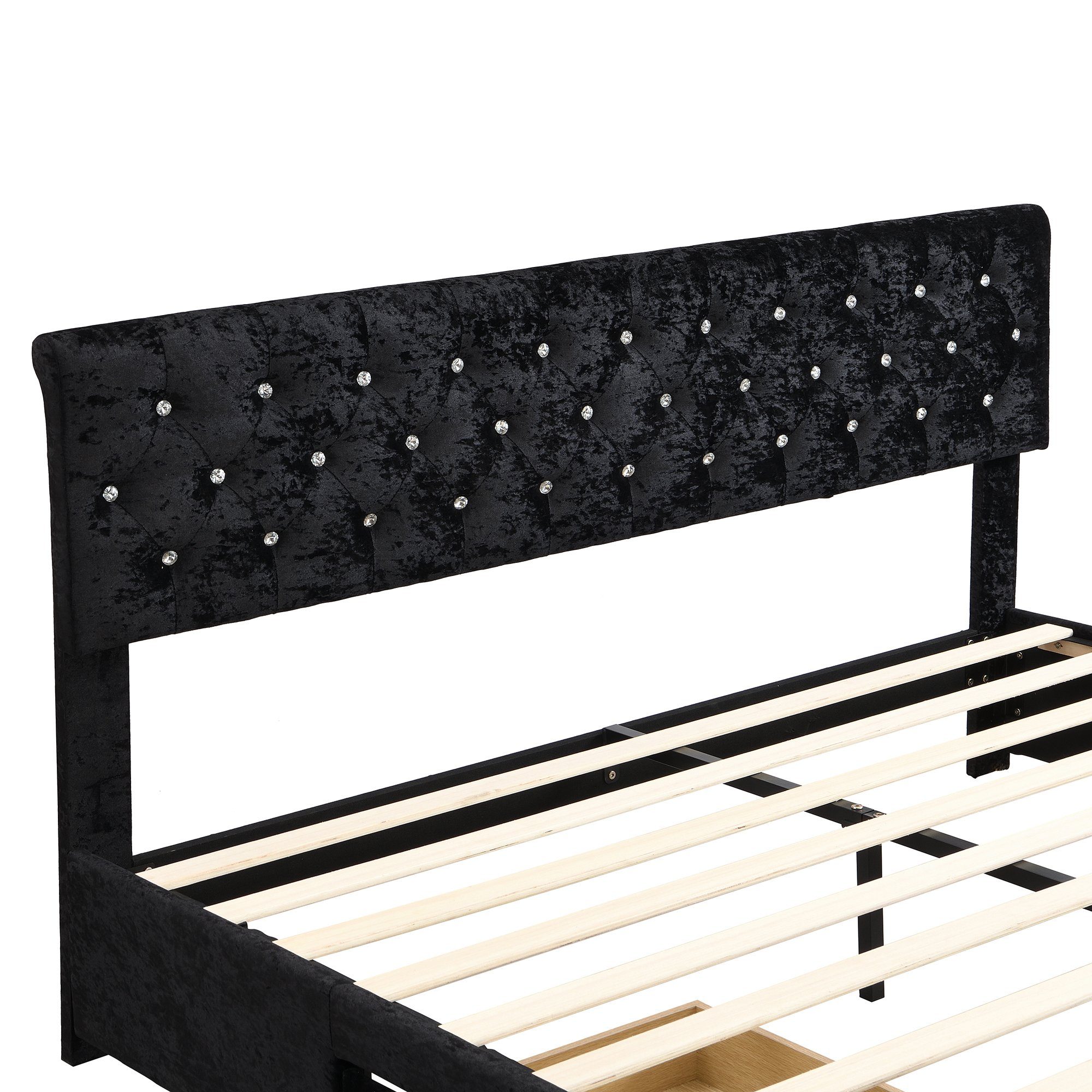 OKWISH Polsterbett Jugendzimmer (mit Lattenrost und Rückenlehne, Doppelbett mit 2 Schublade, Kopfteil mit diamantförmigen Zugpunkten Schlittenform), Einfache Montage, Schneeflocken-Vlies, schwarz