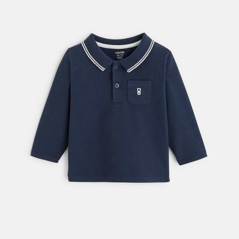 Polo piqué uni manches longues bleu bébé garçon