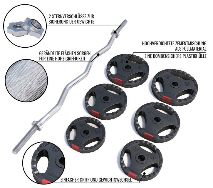 GORILLA SPORTS Hantel-Set 25 kg Curlstange Hantelscheiben Kunststoff Sternverschlüsse