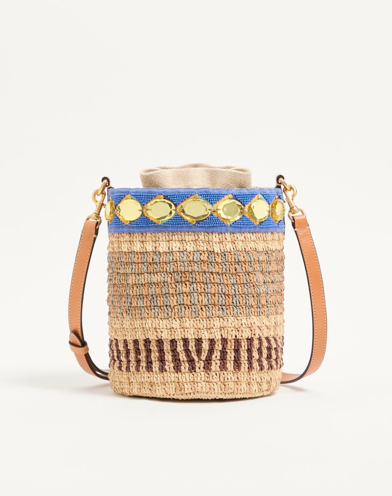 Valentino Garavani lille broderet raffia-buckettaske