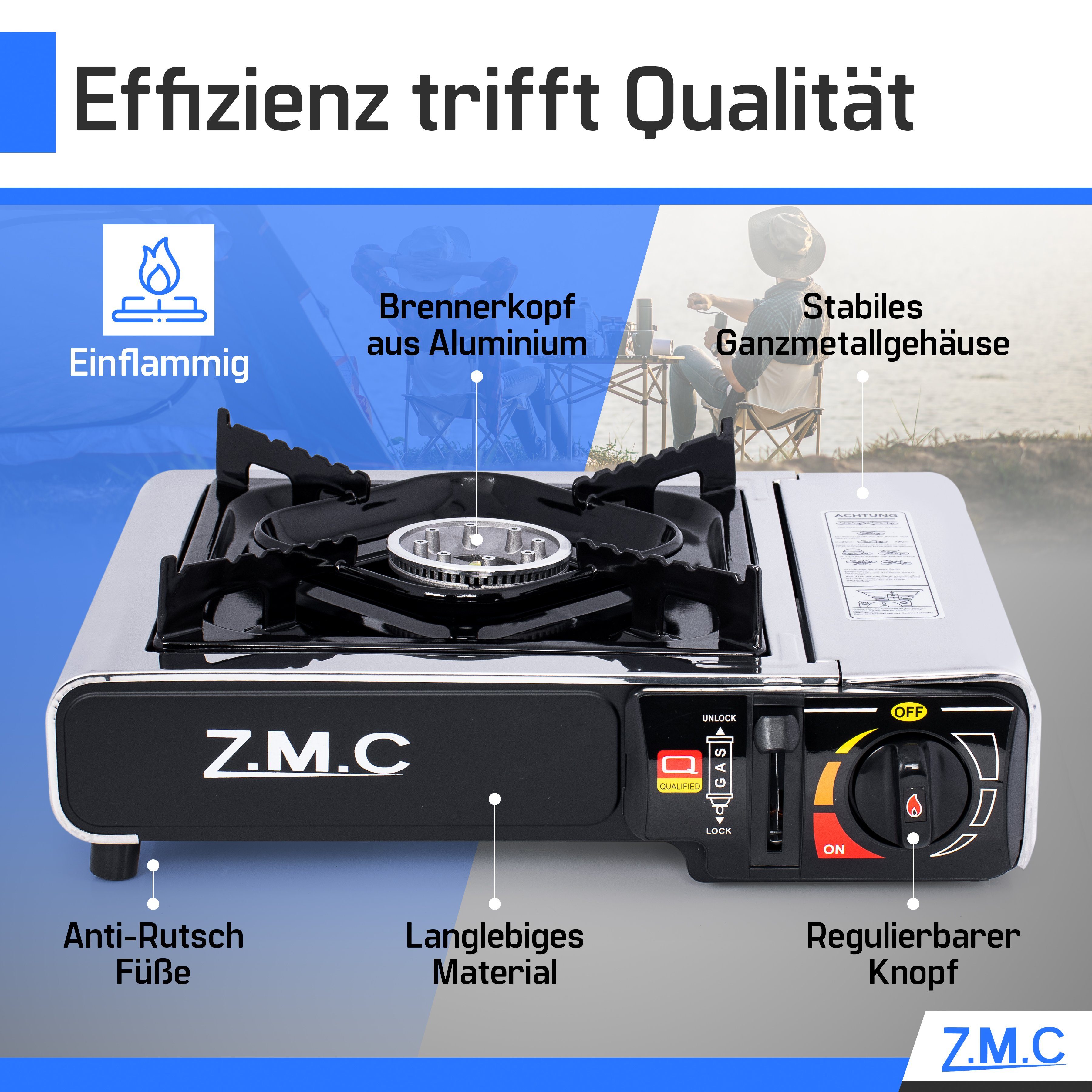 ZMC Gaskocher Edelstahl Campingkocher Gaskocher 1 Flammig, (Wärmeleistung: 2,2KW Tragbarer Kochfeld), Outdoor Camping Gas Kocher Herd Kartuschenkocher + Transportkoffer