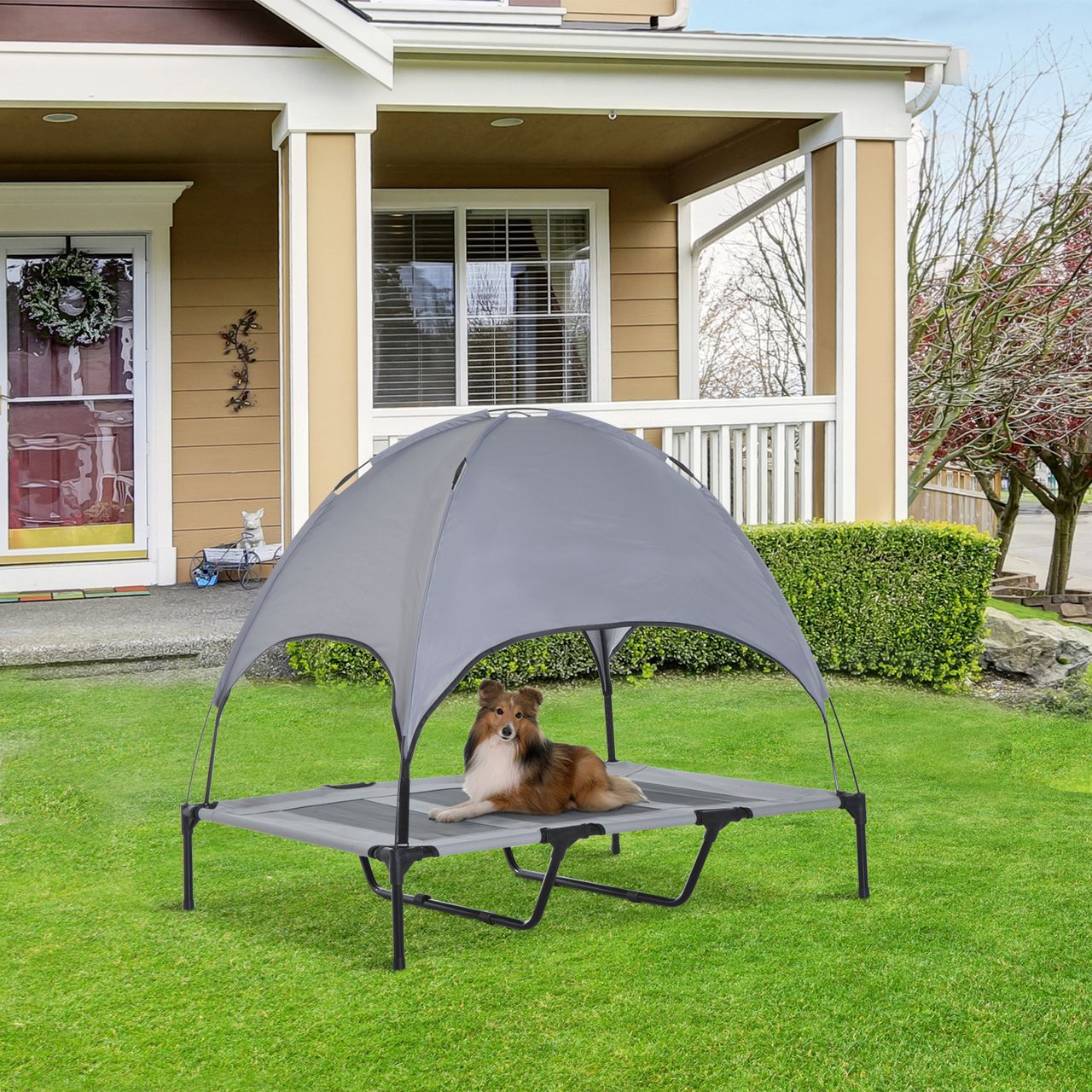 PawHut Haustierbett mit Baldachin Erhöhtes Hundebett Hundeliege outdoor Grau